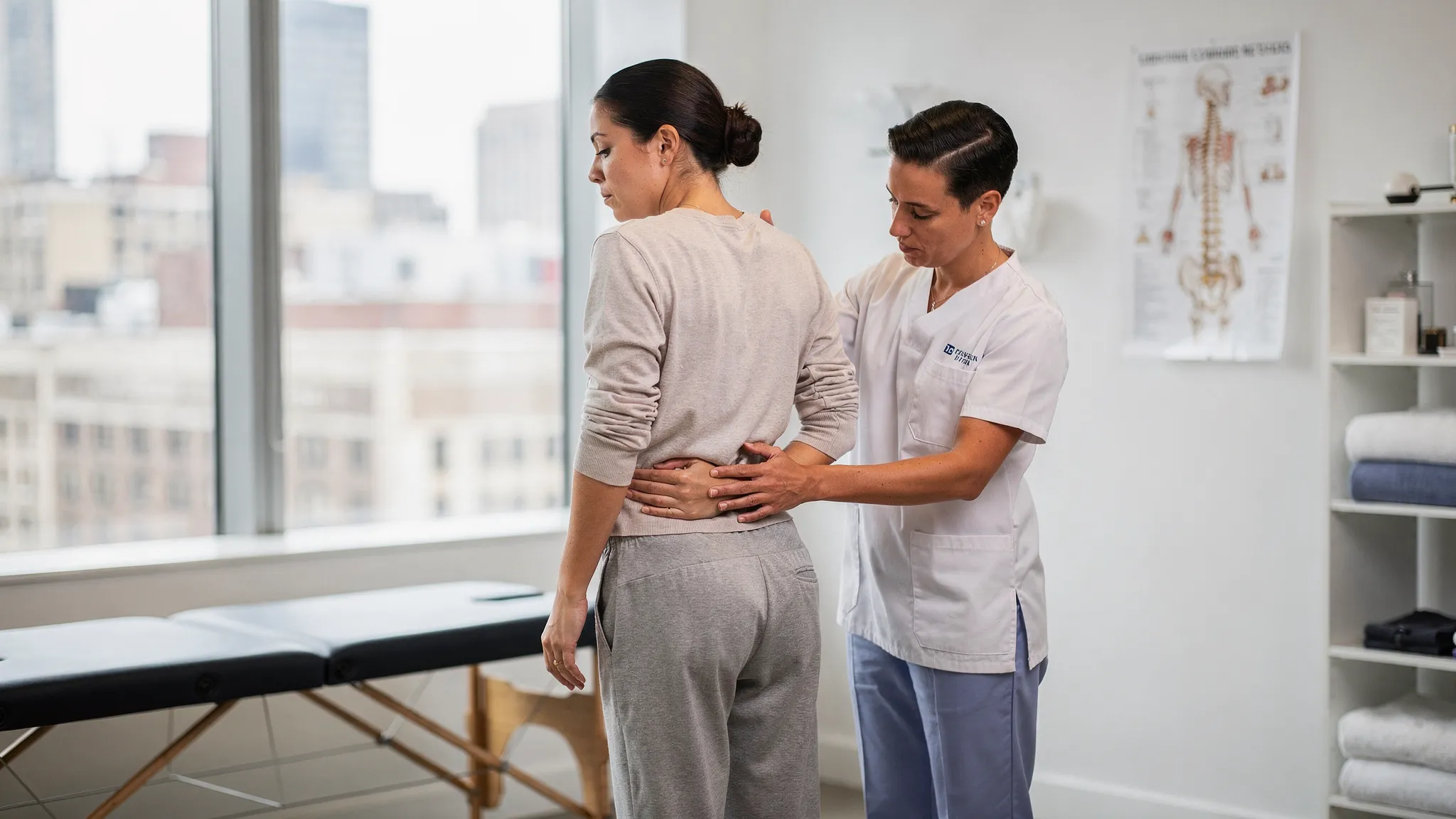 A chiropractor examining a patient’s lower back in a clean Manhattan clinic room, with the patient standing comfortably; the clinician checks posture and range of motion with hands-on assessment.