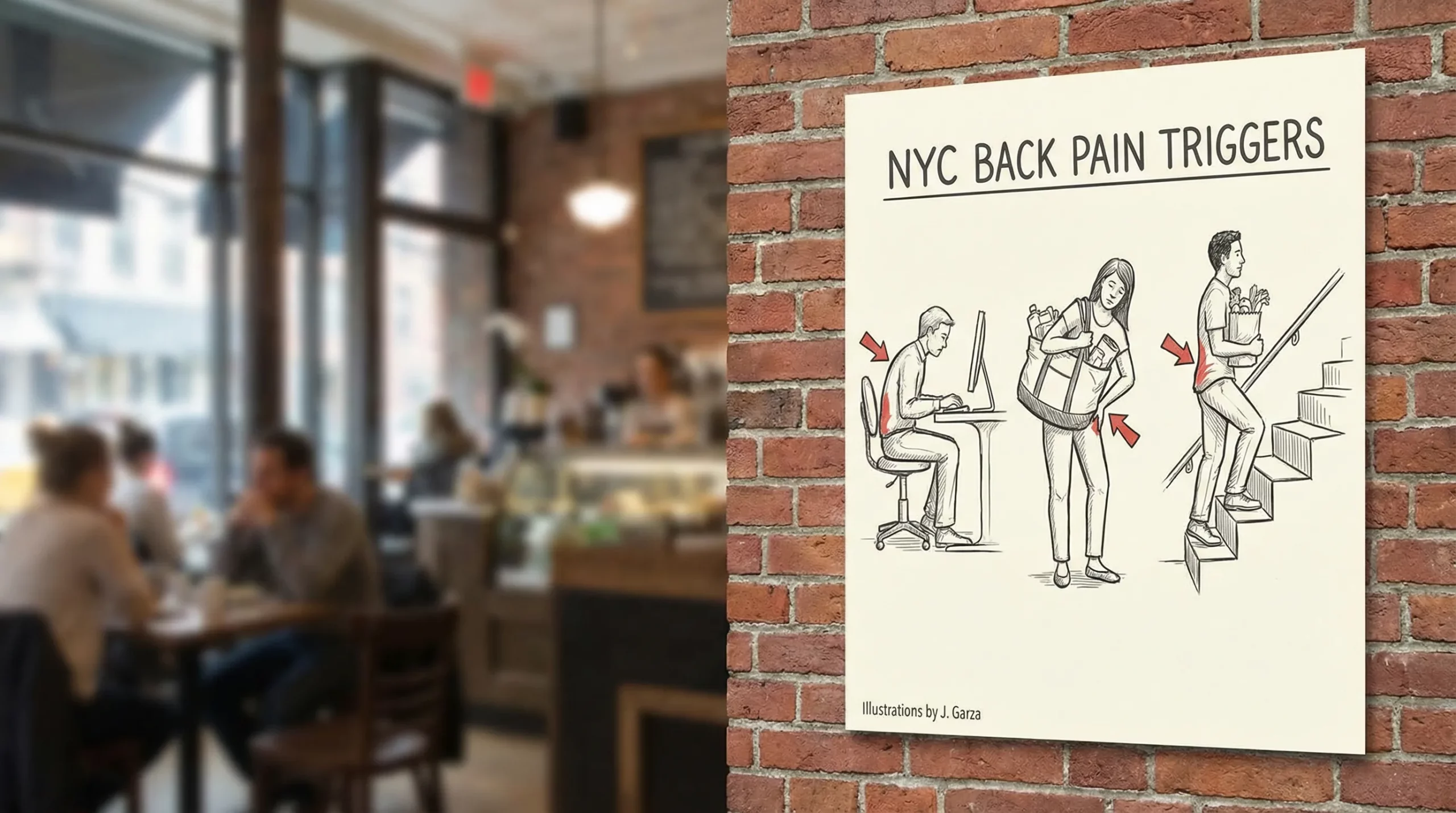 A simple illustration showing common NYC back pain triggers: desk sitting posture, carrying a heavy tote bag on one shoulder, and climbing apartment stairs, with arrows pointing to lower back and hip areas.
