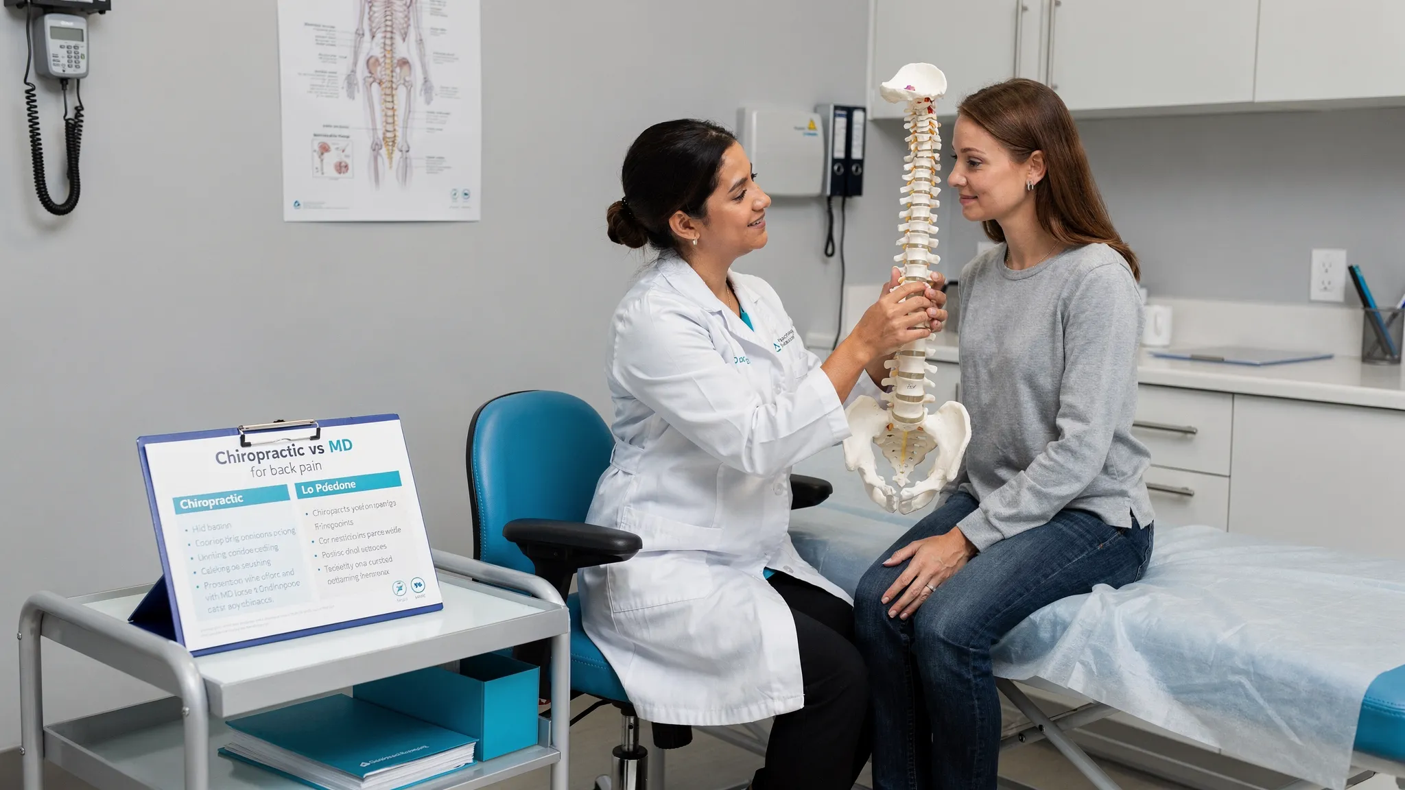 A calm clinical exam room where a clinician reviews a spine model with a patient, with a simple comparison chart on a clipboard labeled “Chiropractic vs MD for back pain.”