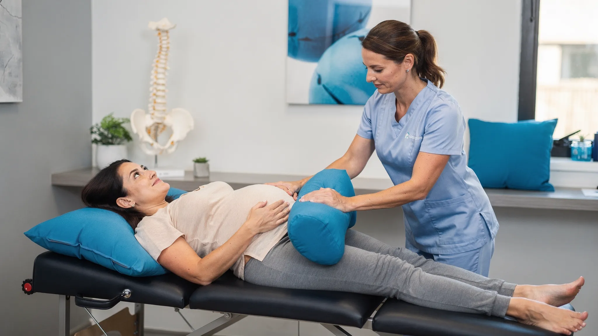 A calm prenatal chiropractic visit in a modern clinic: a pregnant patient positioned comfortably side-lying with supportive pillows while a clinician performs a gentle low-back and pelvic assessment, with anatomical spine model visible on a shelf.