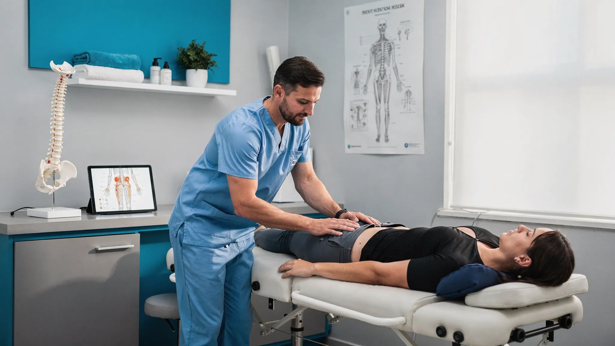 A calm treatment room scene with a clinician working with a patient on a therapy table while referencing a simple spine model on a nearby counter, conveying an integrated chiropractic and rehab approach focused on sciatica relief.