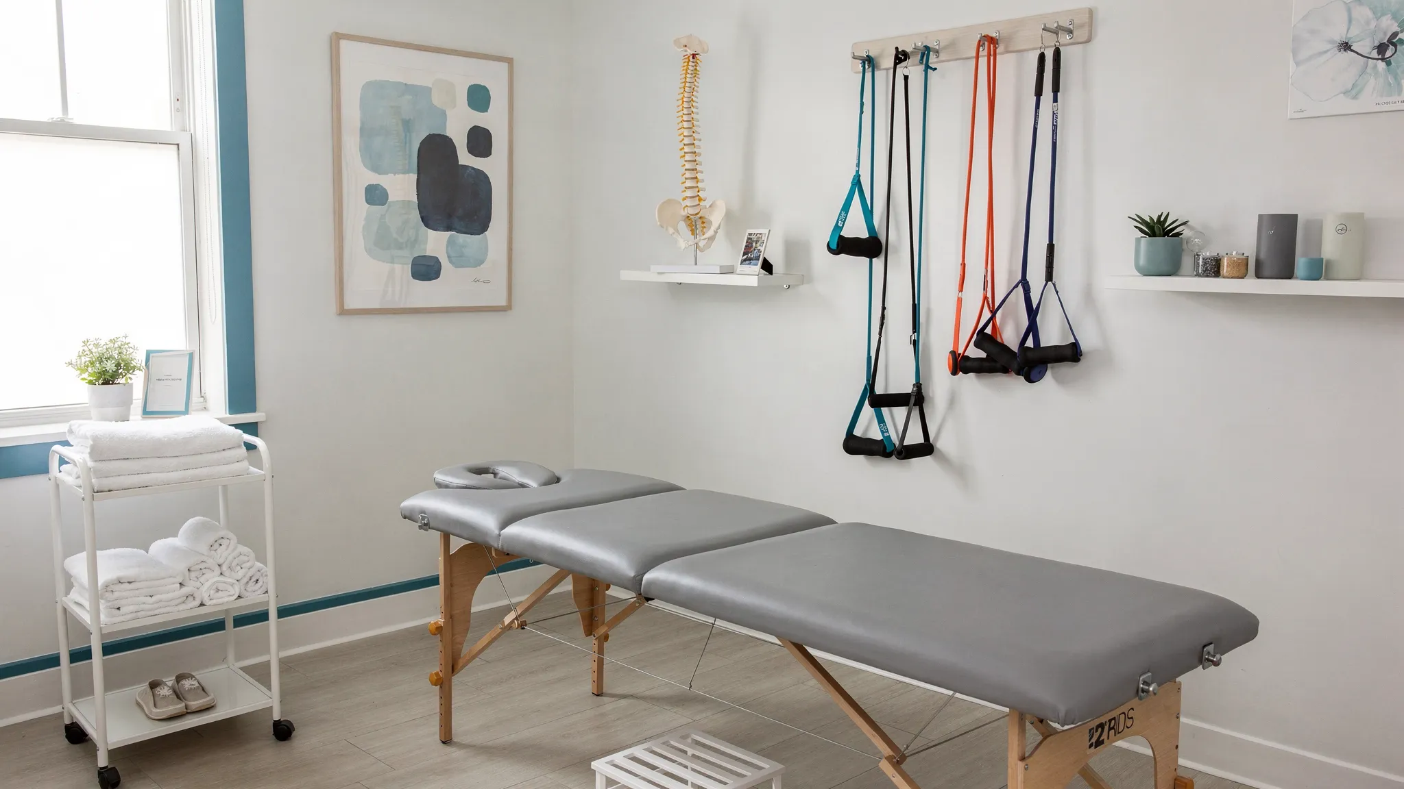 A chiropractic treatment room with a padded adjustment table, towels, anatomical spine model, resistance bands, and a calm clinical setting prepared for a massage and chiropractic session.