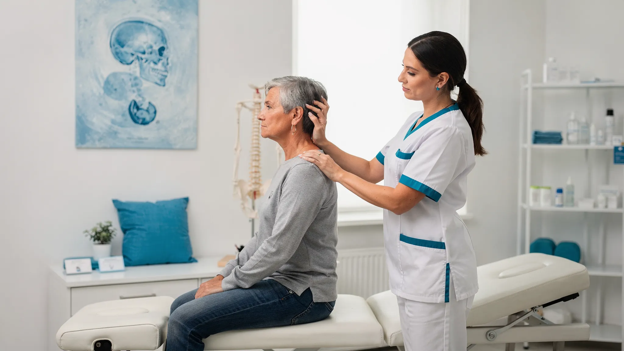 A chiropractor assessing a patient’s neck and upper back range of motion in a treatment room, with the patient seated and the clinician gently guiding head and shoulder movement.