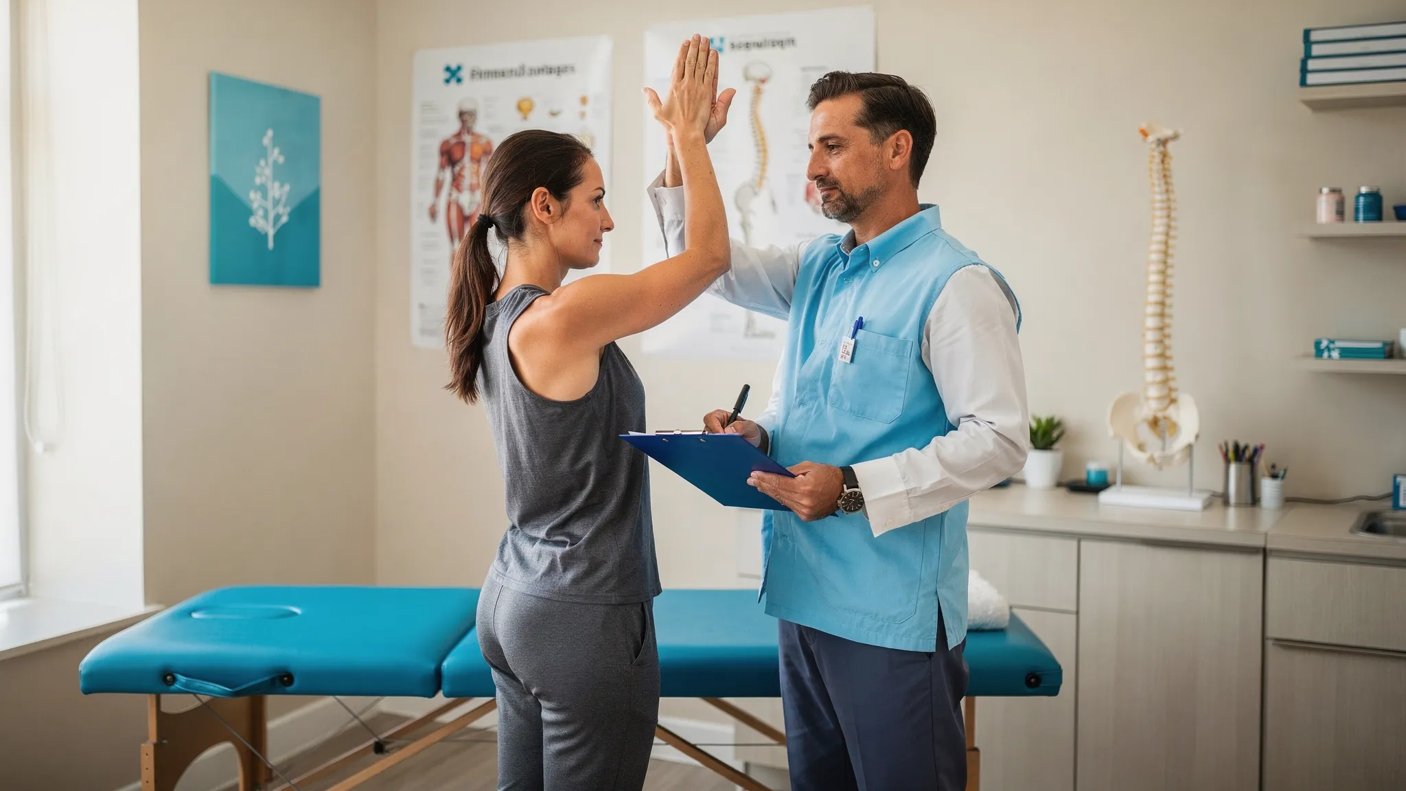 A chiropractor guiding a patient through a spine and shoulder mobility assessment in a clinic room while taking notes on a clipboard.