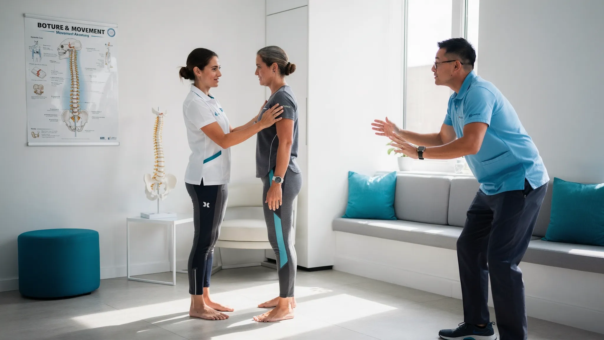 A chiropractor in a modern clinic performing a posture and movement assessment with an adult patient, showing spinal alignment check, hip hinge evaluation, and a calm, professional consultation setting.