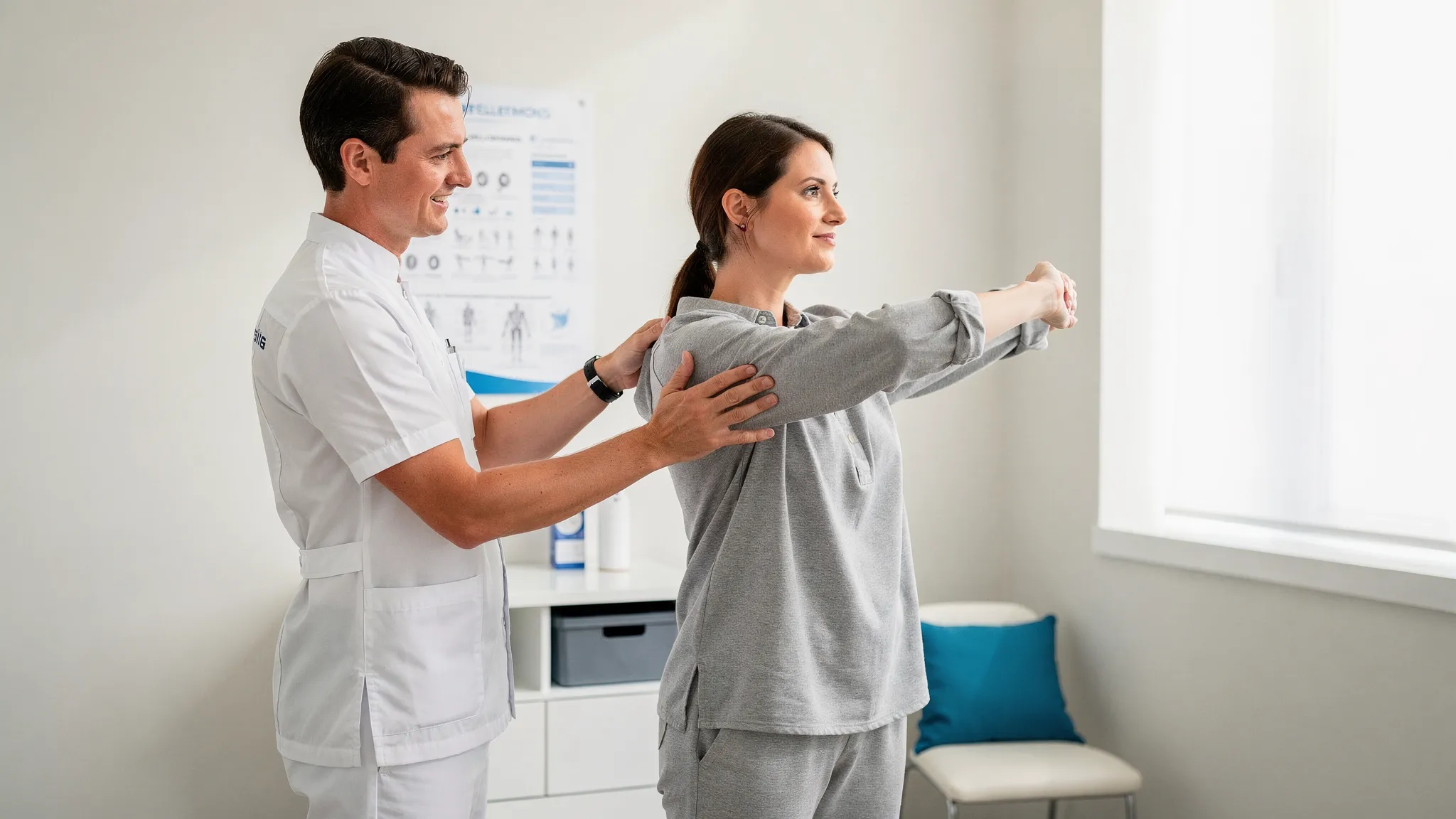 A chiropractor performing a careful intake and movement assessment with a patient in a clean exam room, including posture observation and simple mobility tests.