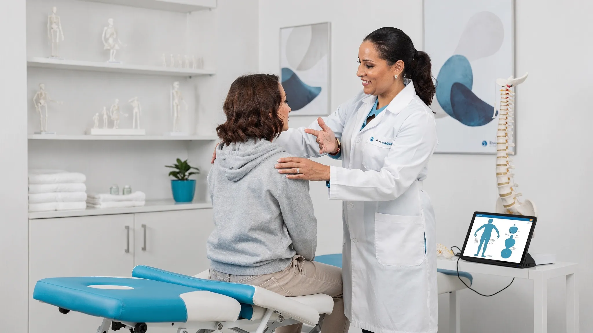 A chiropractor performing a musculoskeletal assessment with a patient in a modern clinic room, checking posture and spinal movement while explaining findings.