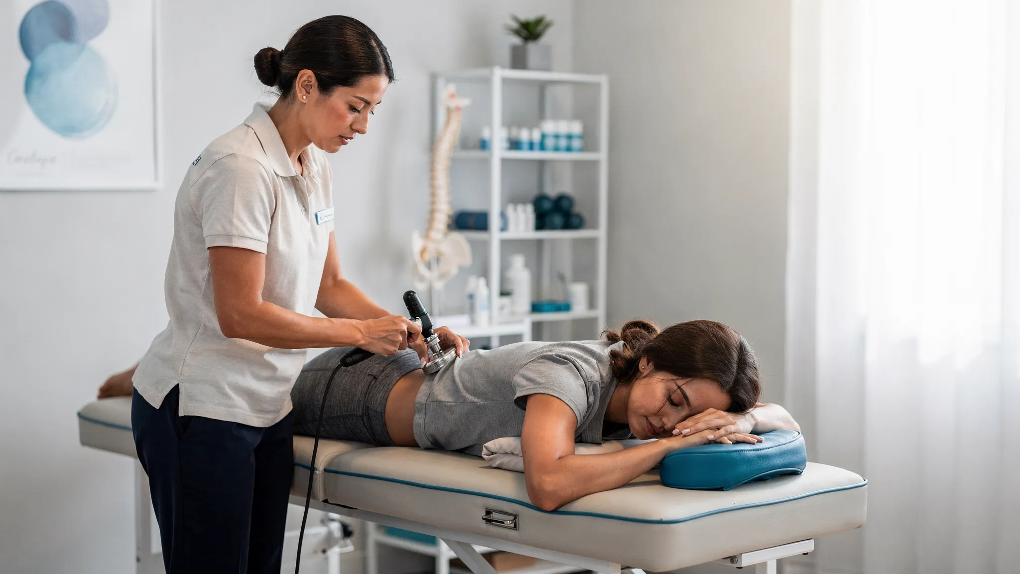 A chiropractor using a small handheld adjusting instrument on a patient’s mid-back while the patient lies comfortably on a treatment table in a calm, modern clinic setting.