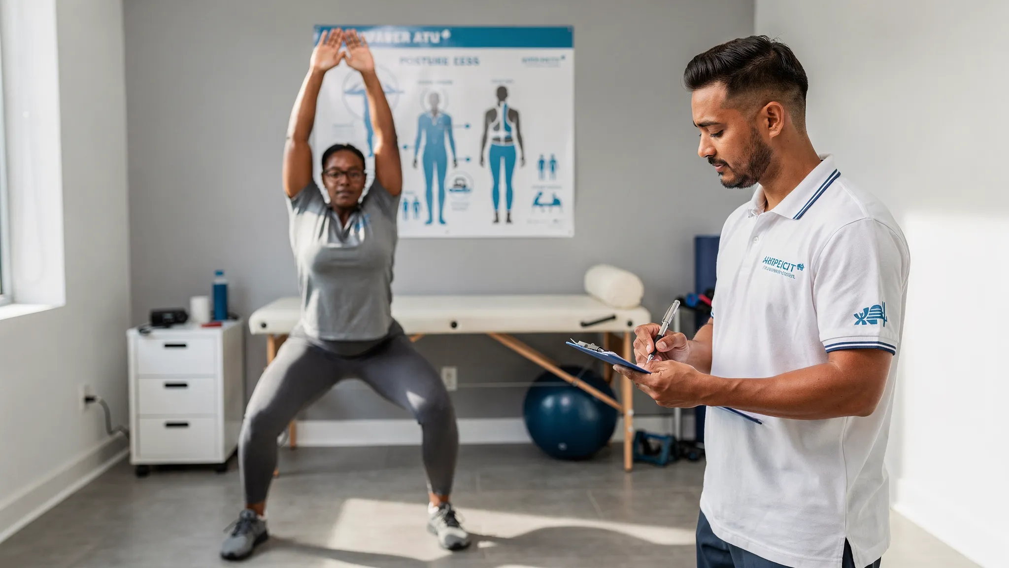 A clinician performing a whole-body movement screen in a clinic setting, observing a patient doing a squat and shoulder reach test, with simple posture cues and a neutral, professional treatment room.