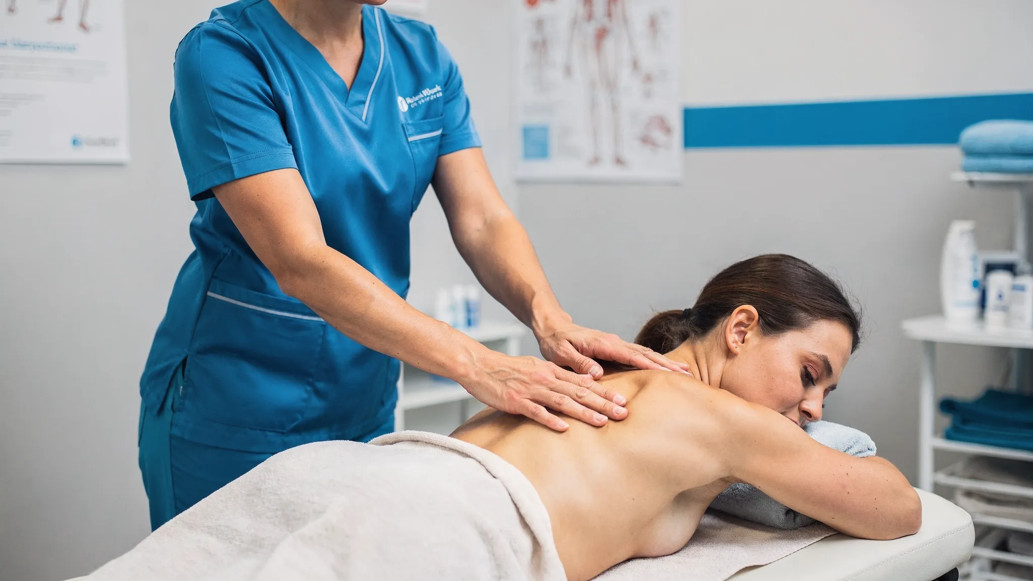 A clinician performing therapeutic soft-tissue work on a patient’s upper back and neck in a clean medical clinic setting, focusing on the shoulder blade area while the patient lies face down on a treatment table.