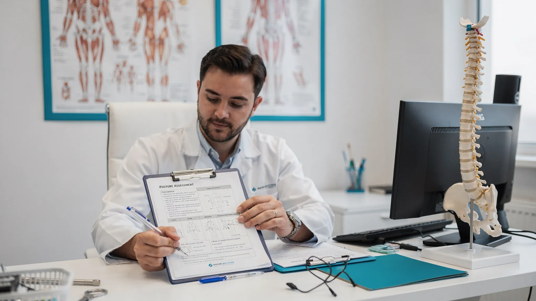 A clinician reviewing a patient intake form and posture assessment notes in a clean medical office, with a spine model on a desk and anatomical charts in the background.