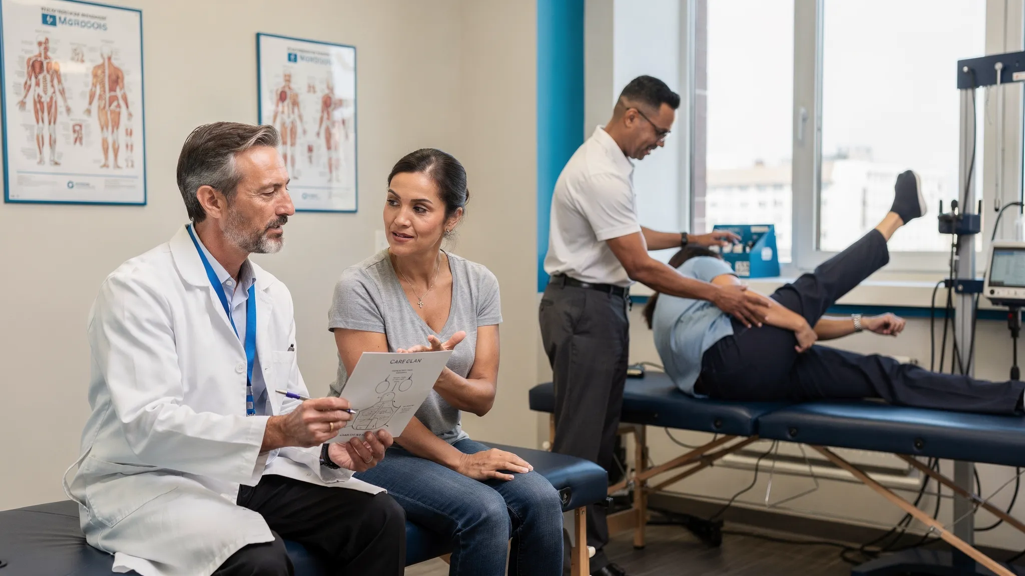 A clinician reviewing a simple care plan with a patient while another provider performs a mobility assessment in a modern clinic room, illustrating coordinated chiropractic and medical-style evaluation for pain management.