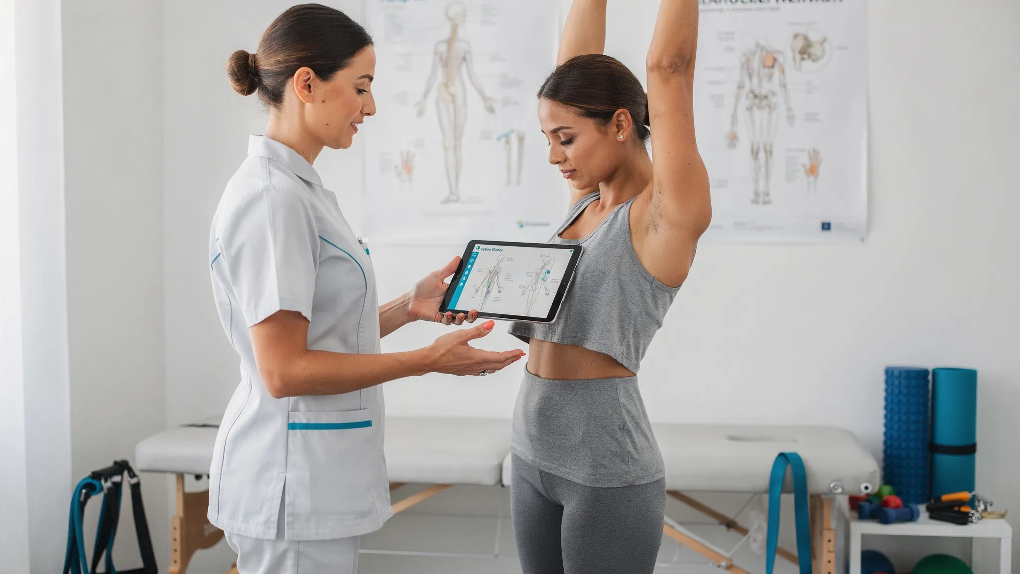 A clinician reviewing posture and range of motion with a patient in a clean treatment room, with simple anatomy posters on the wall and therapy equipment in the background.