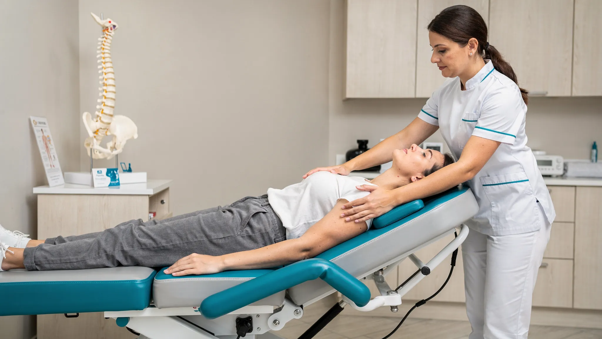 A flexion-distraction chiropractic table with a clinician guiding gentle motion at the patient’s lower back, with a spine model visible nearby for education.