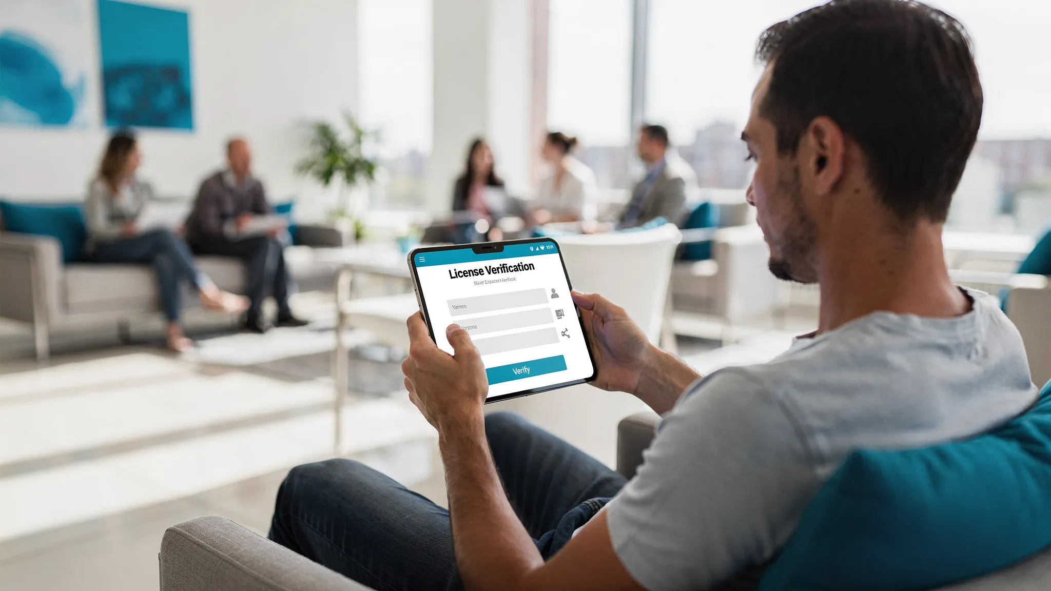 A patient in a bright, modern clinic lobby holding a smartphone while checking a healthcare provider’s license verification page; the phone screen is facing the viewer but shows a generic, non-branded verification layout with no readable personal data.