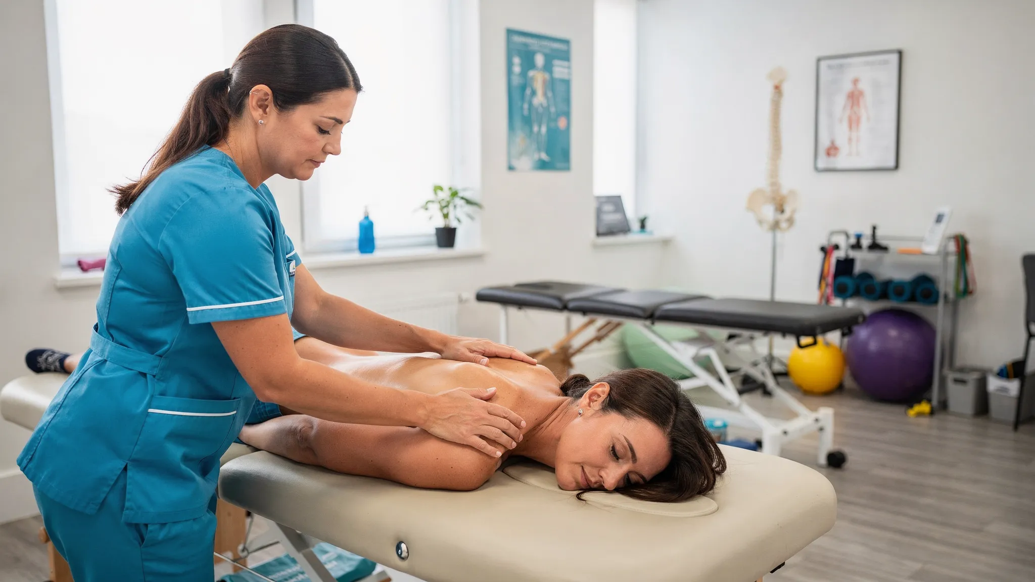 A patient receiving integrated pain relief care in a calm clinical setting, with a practitioner performing soft tissue work while another treatment area suggests chiropractic and rehabilitation services.