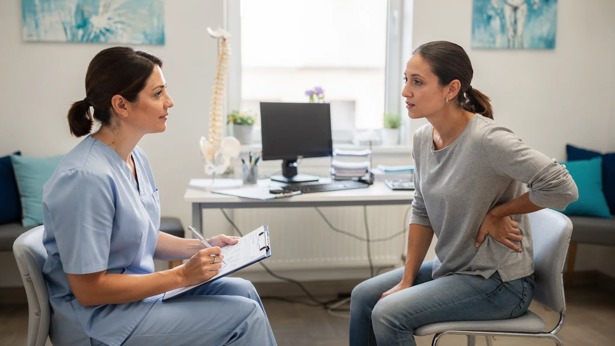 A patient sitting in a chiropractic office speaking with a clinician who is holding an intake clipboard, with a spine model on a nearby desk. The scene shows an attentive consultation, with the clinician listening and the patient pointing to their lower back.