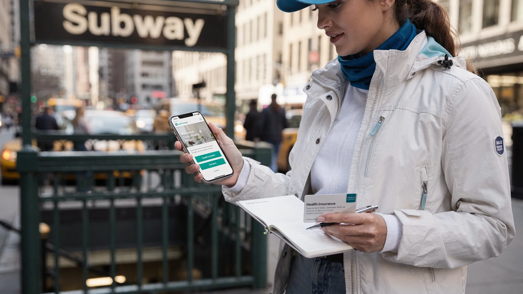 A person in casual clothing in New York City checks weekend clinic hours on a smartphone while standing near a subway entrance, with a small notebook and insurance card in hand.