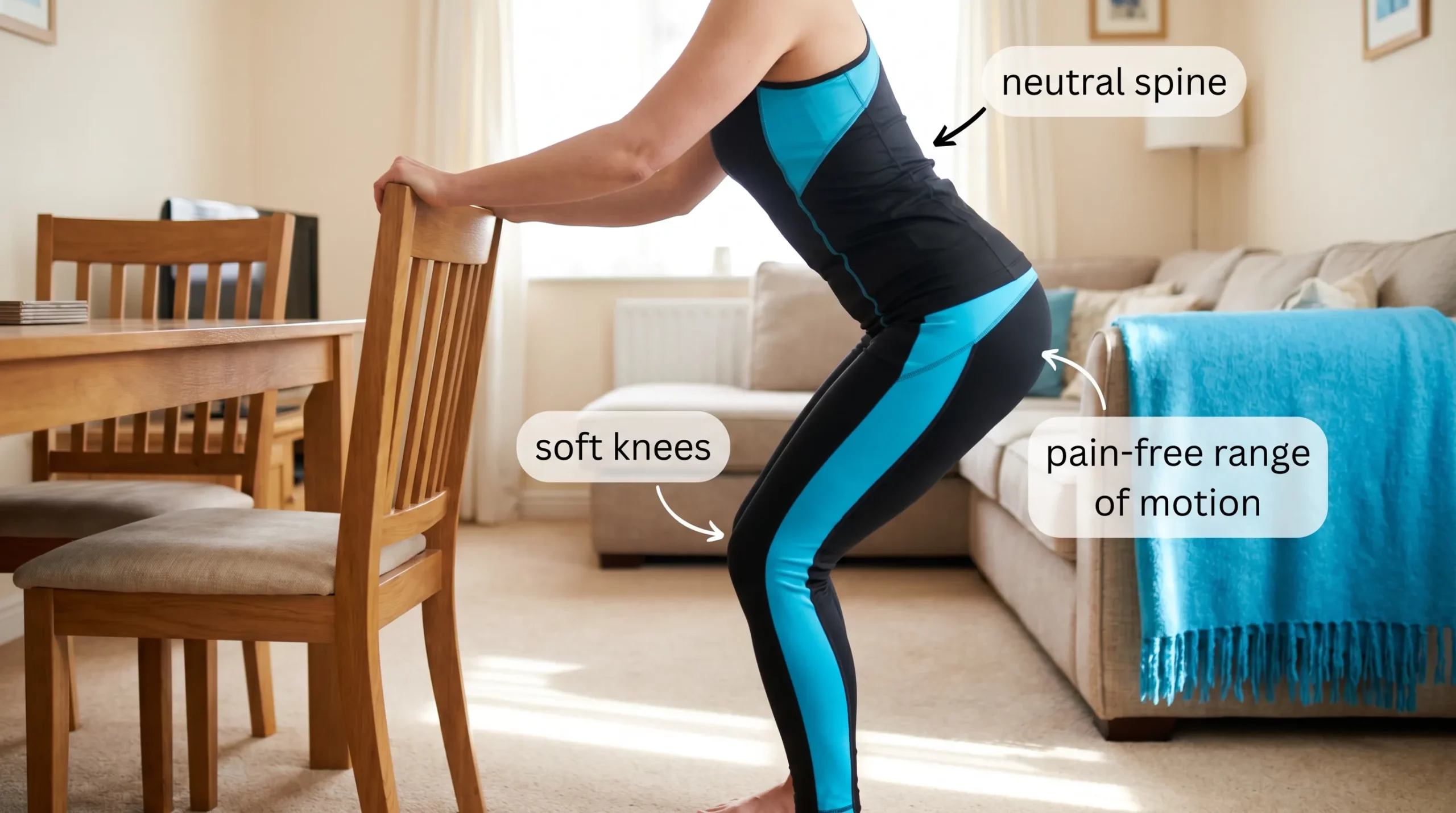 A person standing and doing a gentle hip-hinge stretch next to a chair in a home setting, with simple labels pointing to “neutral spine,” “soft knees,” and “pain-free range of motion.”