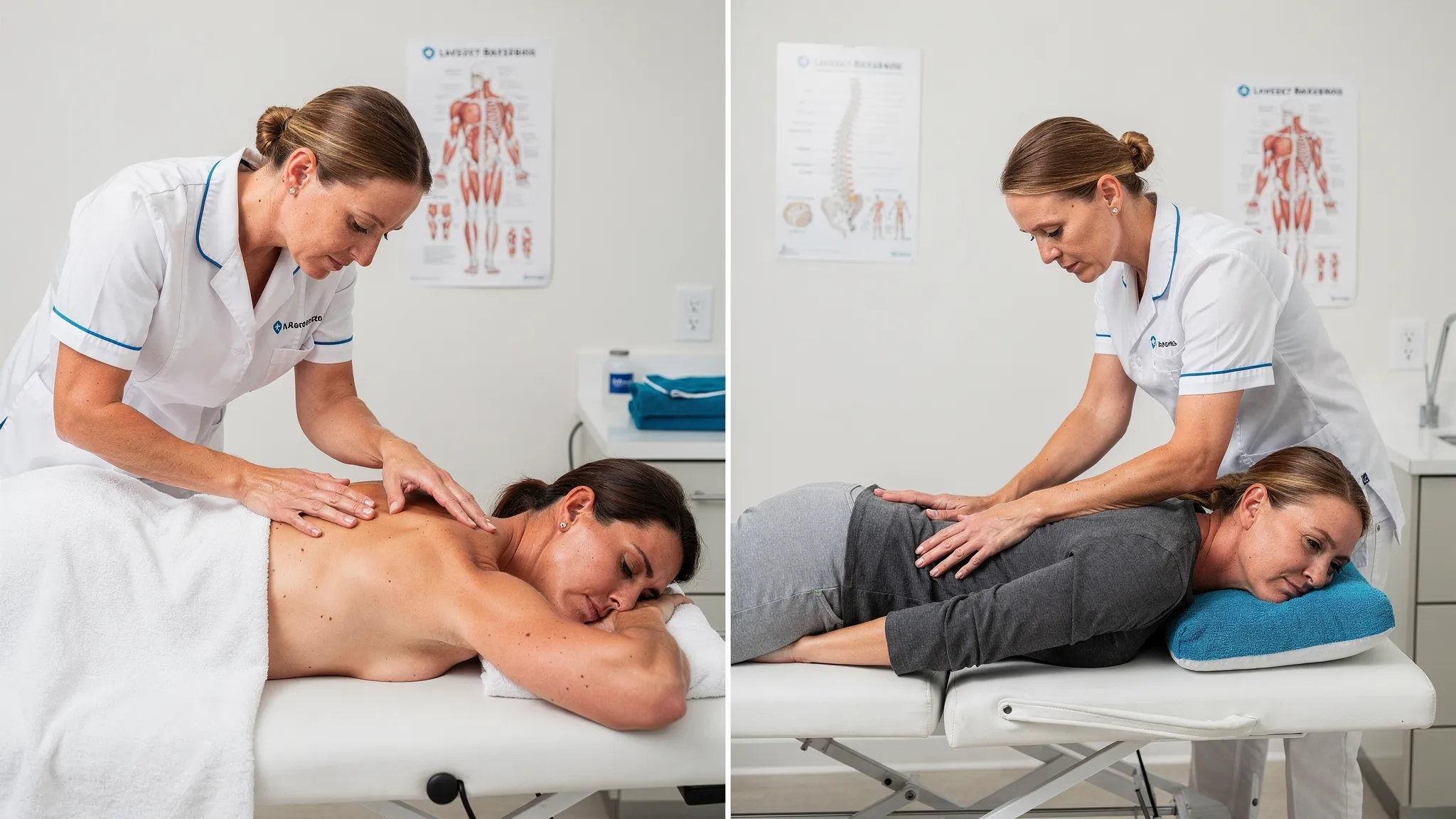 A side-by-side comparison scene: on the left, a clinician performs therapeutic massage on a patient’s upper back and shoulder muscles; on the right, a clinician positions a patient for a gentle chiropractic spinal adjustment in a treatment room.