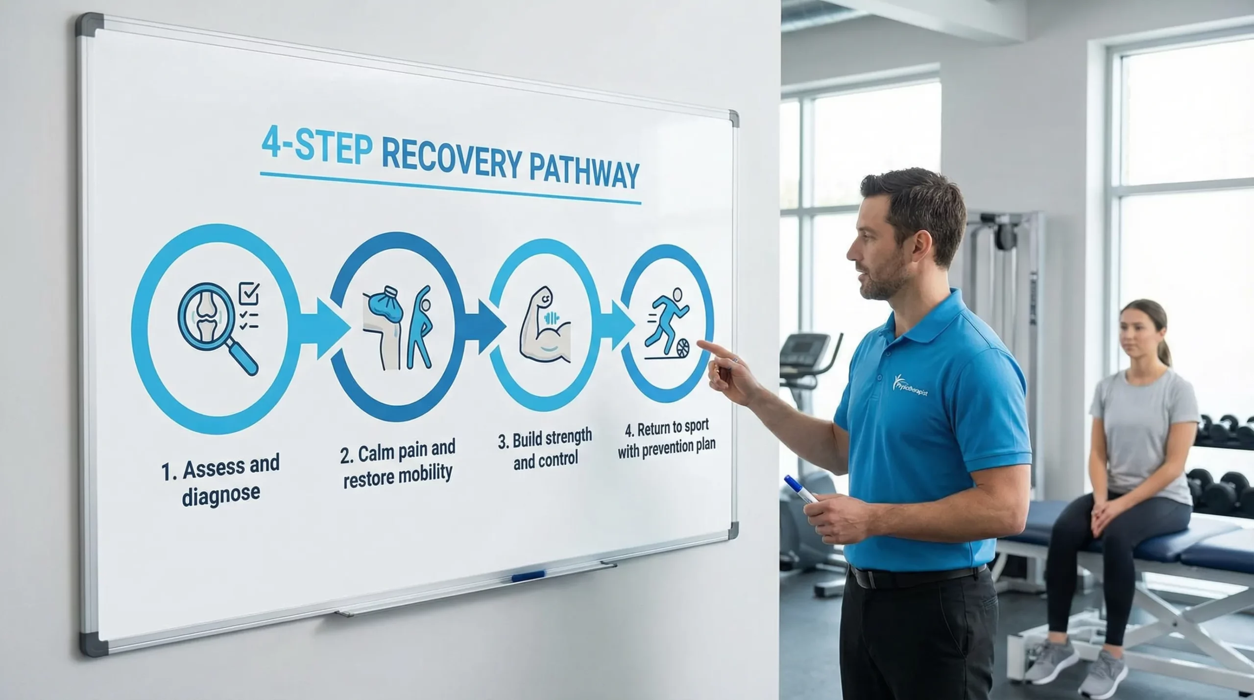 A simple 4-step recovery diagram with arrows showing: Assess and diagnose, Calm pain and restore mobility, Build strength and control, Return to sport with prevention plan.
