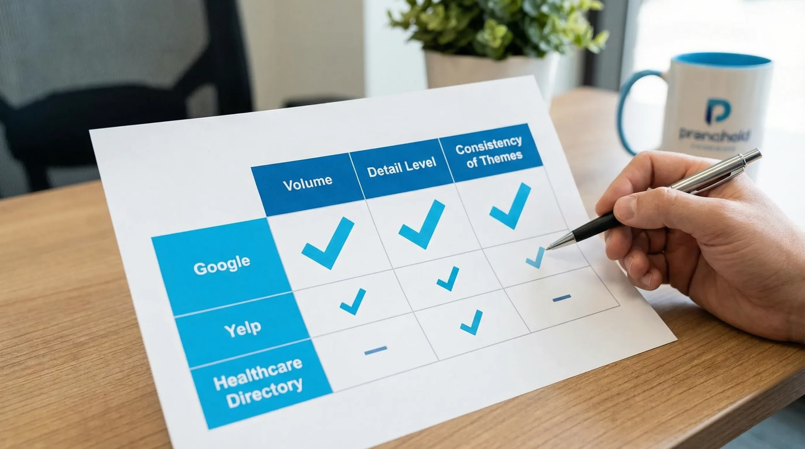 A simple comparison chart showing three review sources (Google, Yelp, and a healthcare directory) with columns for volume, detail level, and consistency of themes, designed as an easy visual checklist.
