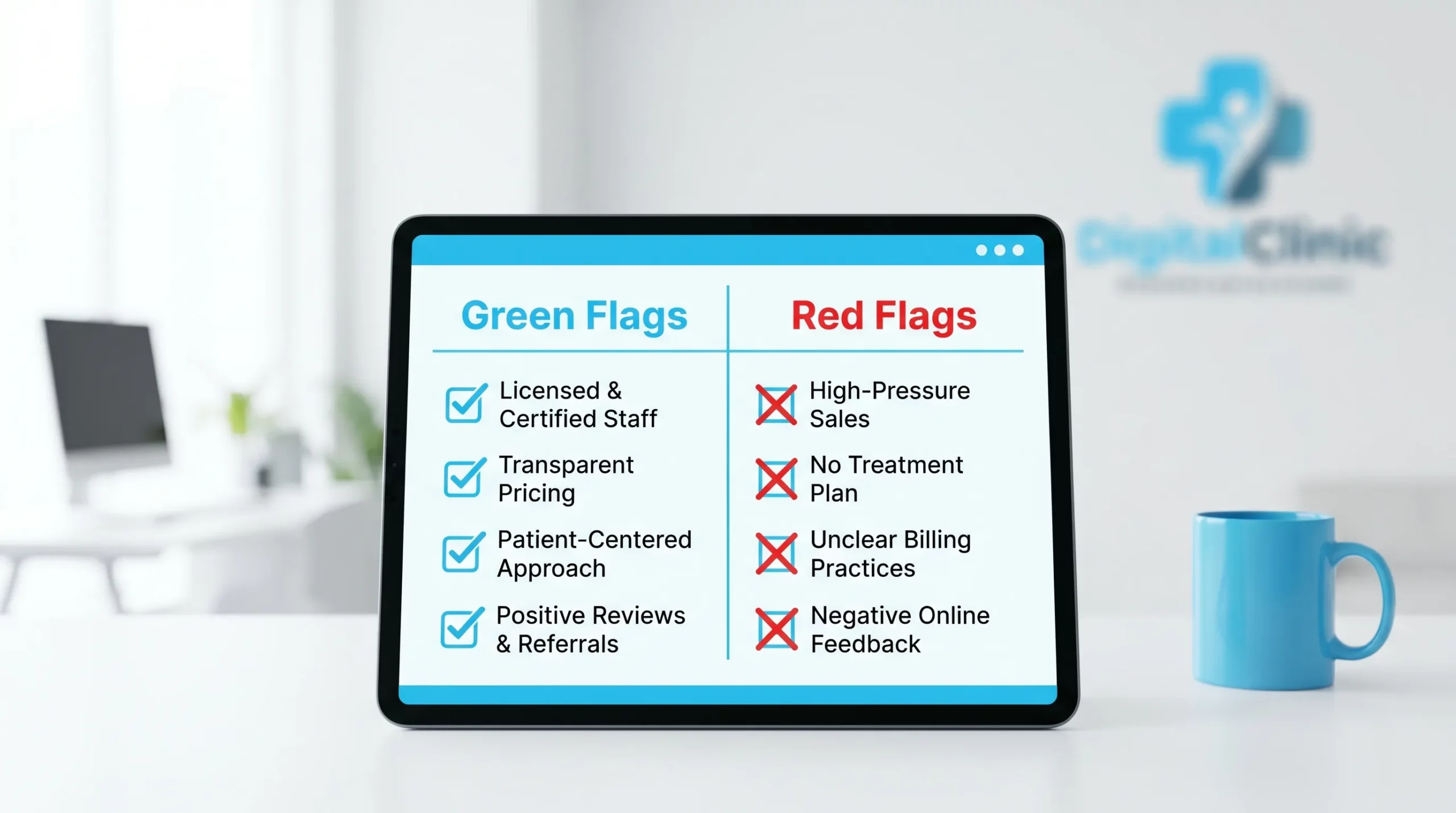 A simple comparison checklist graphic showing “Green Flags” versus “Red Flags” for choosing a chiropractic clinic in NYC, with 4 items on each side.