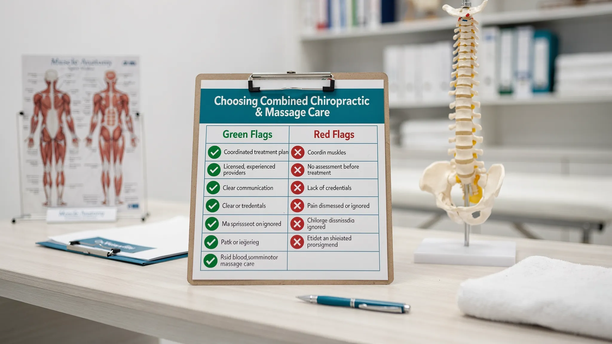 A simple comparison table visual on a clipboard showing green flags and red flags when choosing combined chiropractic and massage therapy care, placed on a clinic desk next to anatomical spine and muscle models.