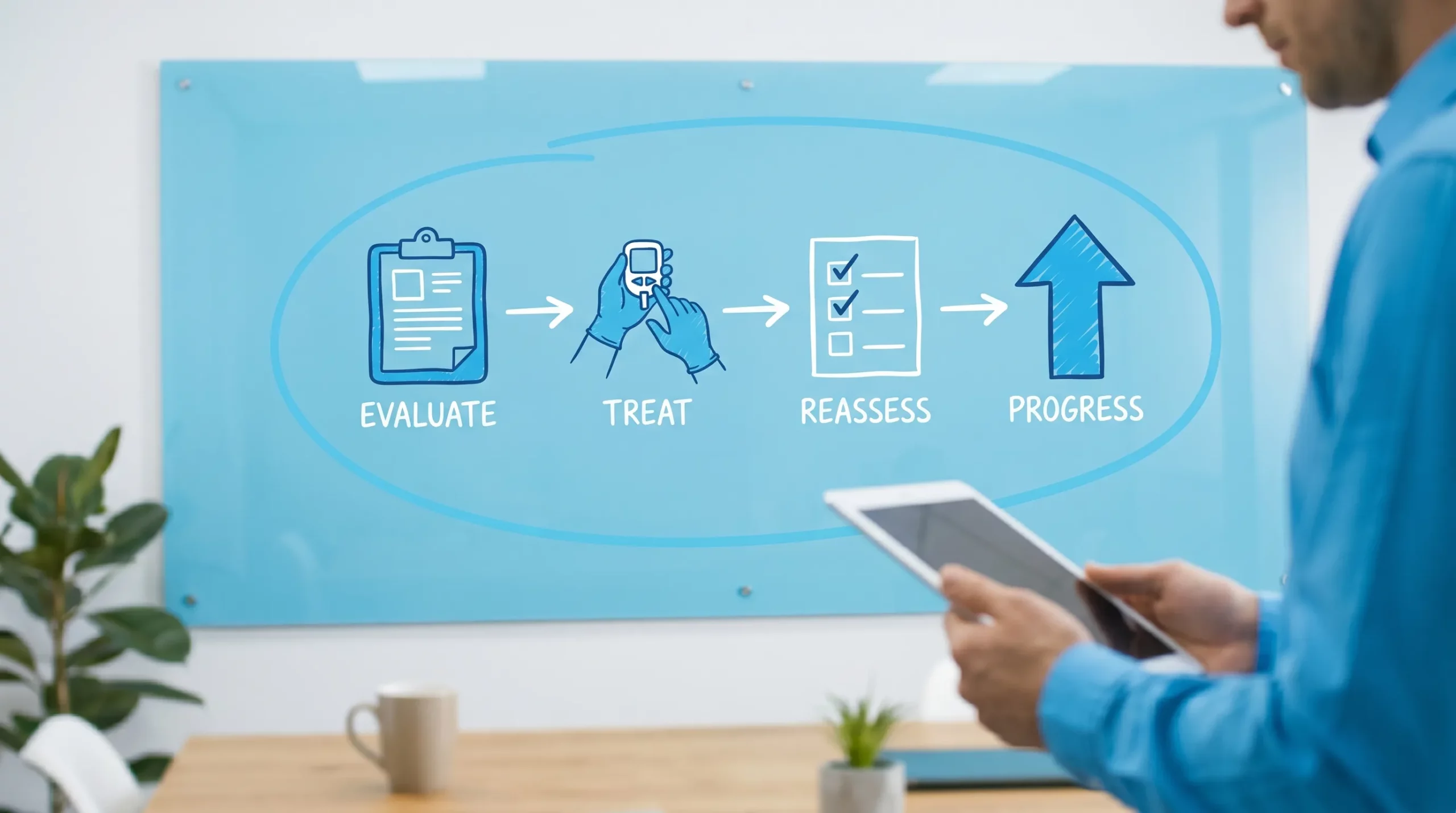 A simple four-step diagram showing: Evaluate, Treat, Reassess, Progress. Each step is represented by a clear icon: clipboard for evaluation, hands for treatment, checklist for reassessment, and upward arrow for progress.