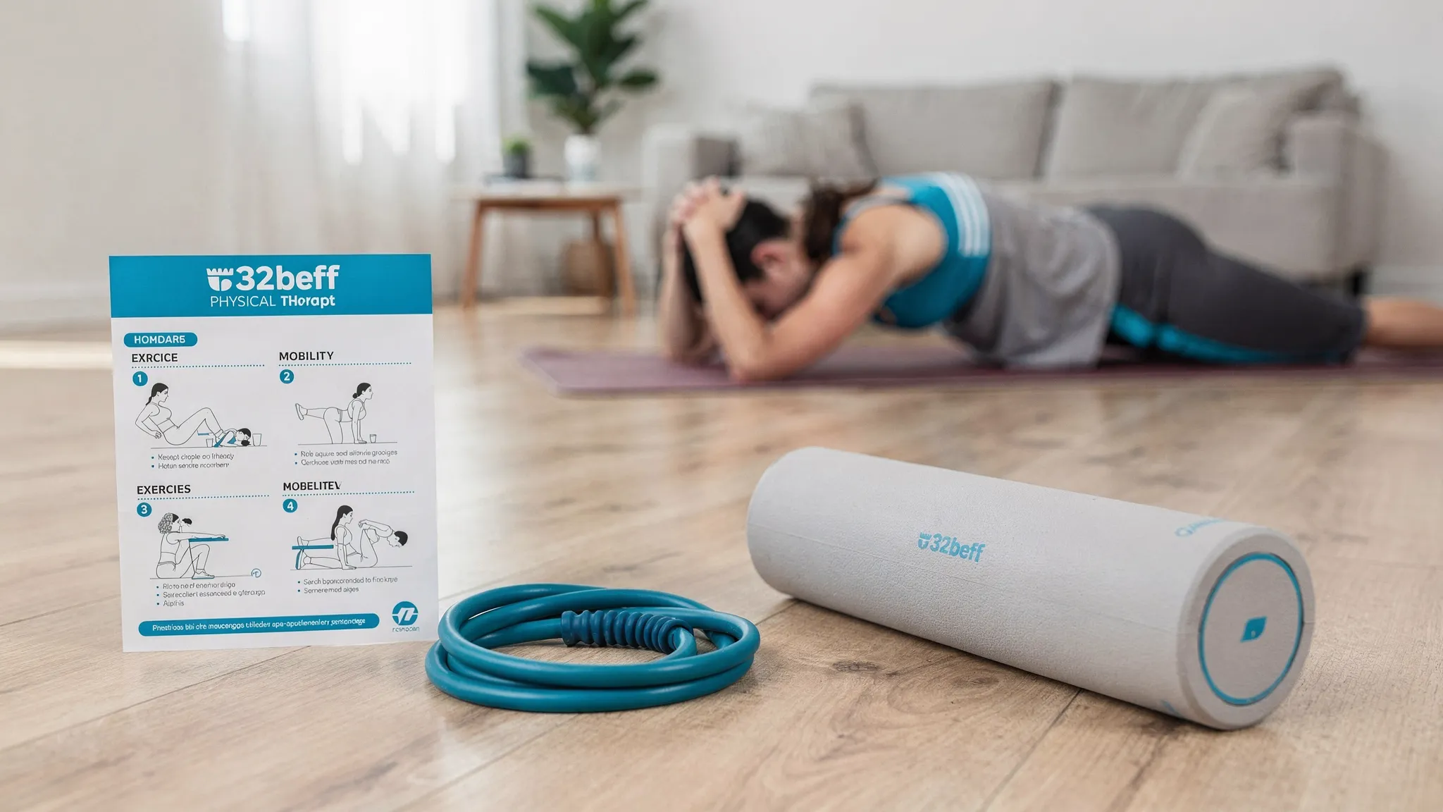 A simple home-care setup showing a printed exercise sheet, resistance band, foam roller, and a person demonstrating a basic mobility exercise on a yoga mat in a living room.