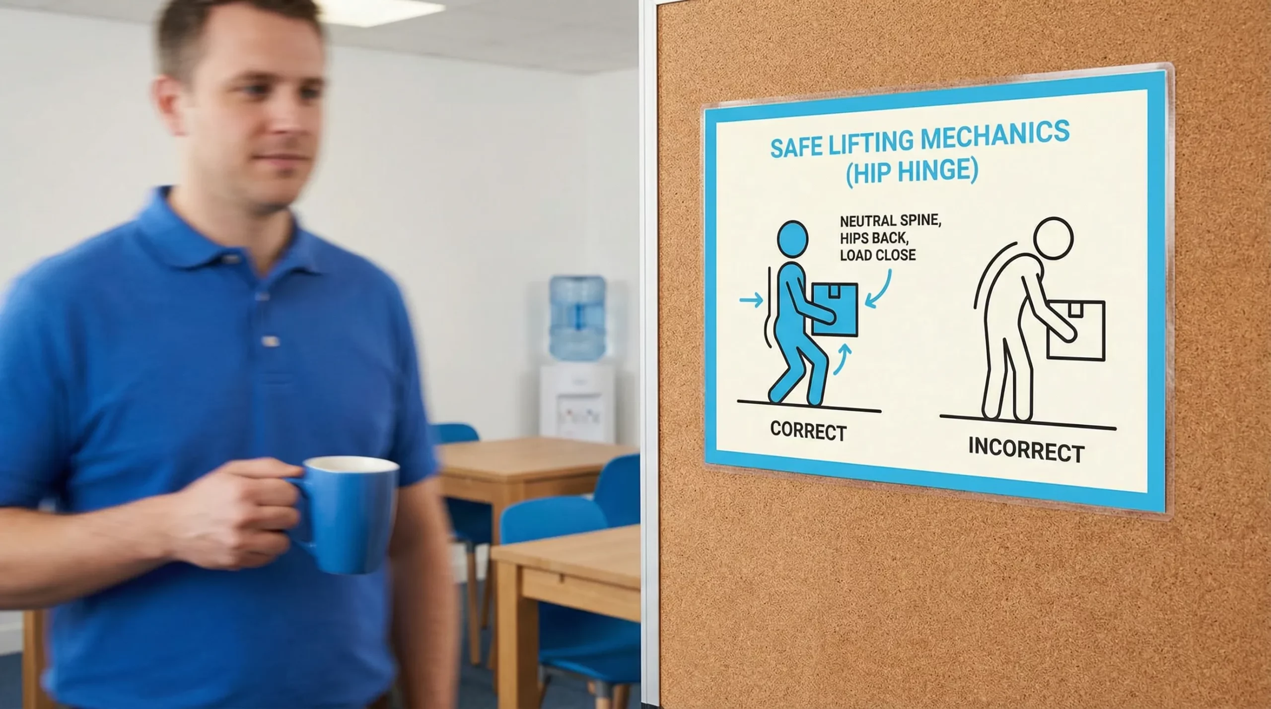 A simple illustration showing safe lifting mechanics with a hip hinge: neutral spine, hips back, knees slightly bent, load kept close to the body.