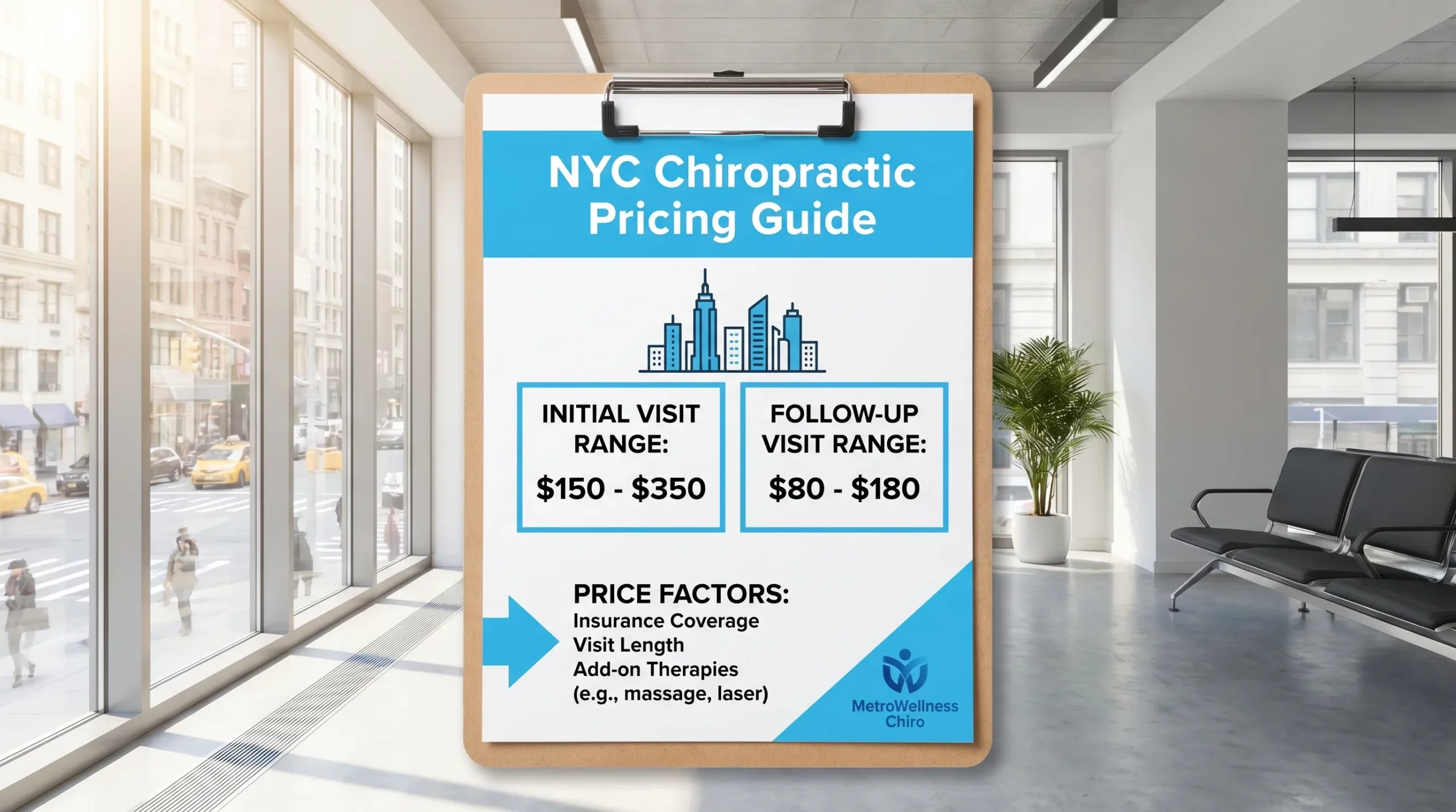 A simple NYC chiropractic pricing infographic showing an initial visit cost range, follow-up visit range, and the main factors that change price like insurance, visit length, and add-on therapies.