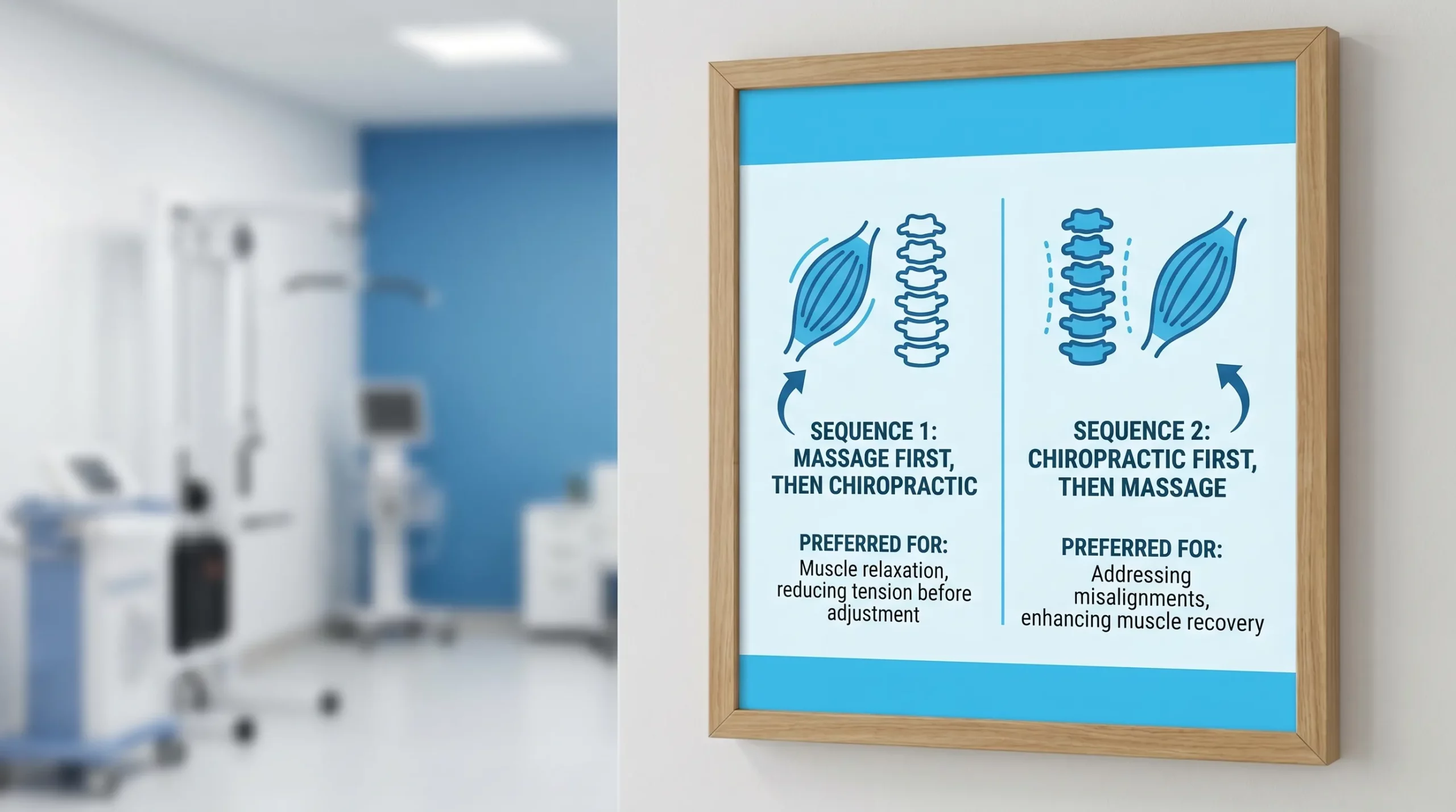 A simple side-by-side illustration showing two care sequences: (1) massage first then chiropractic, and (2) chiropractic first then massage, with icons of muscles and spine and short notes about when each sequence is preferred.