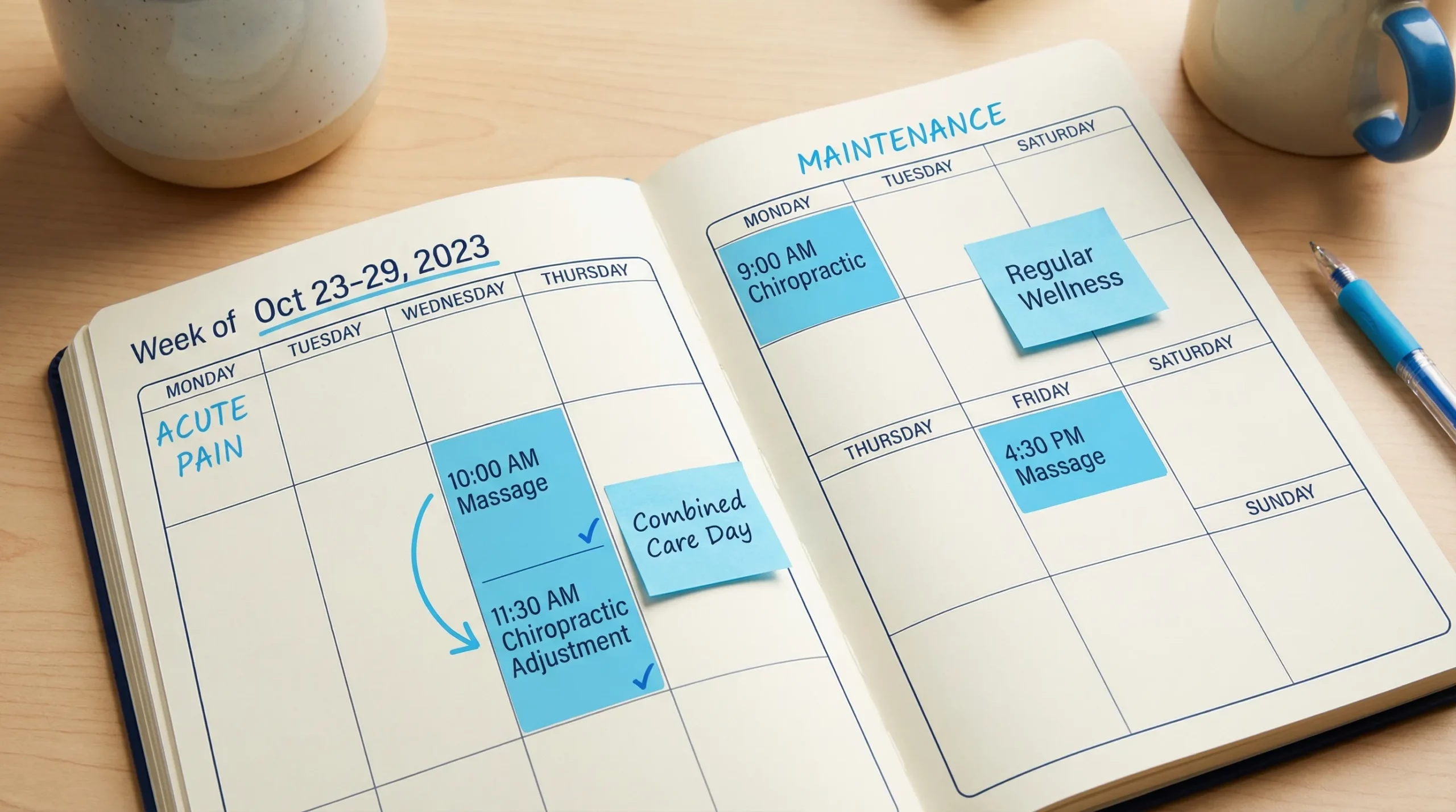 A simple weekly calendar view showing two example schedules for combined care: one with massage then chiropractic on the same day, and another with chiropractic on Monday and massage on Thursday, labeled for “acute pain” and “maintenance.”