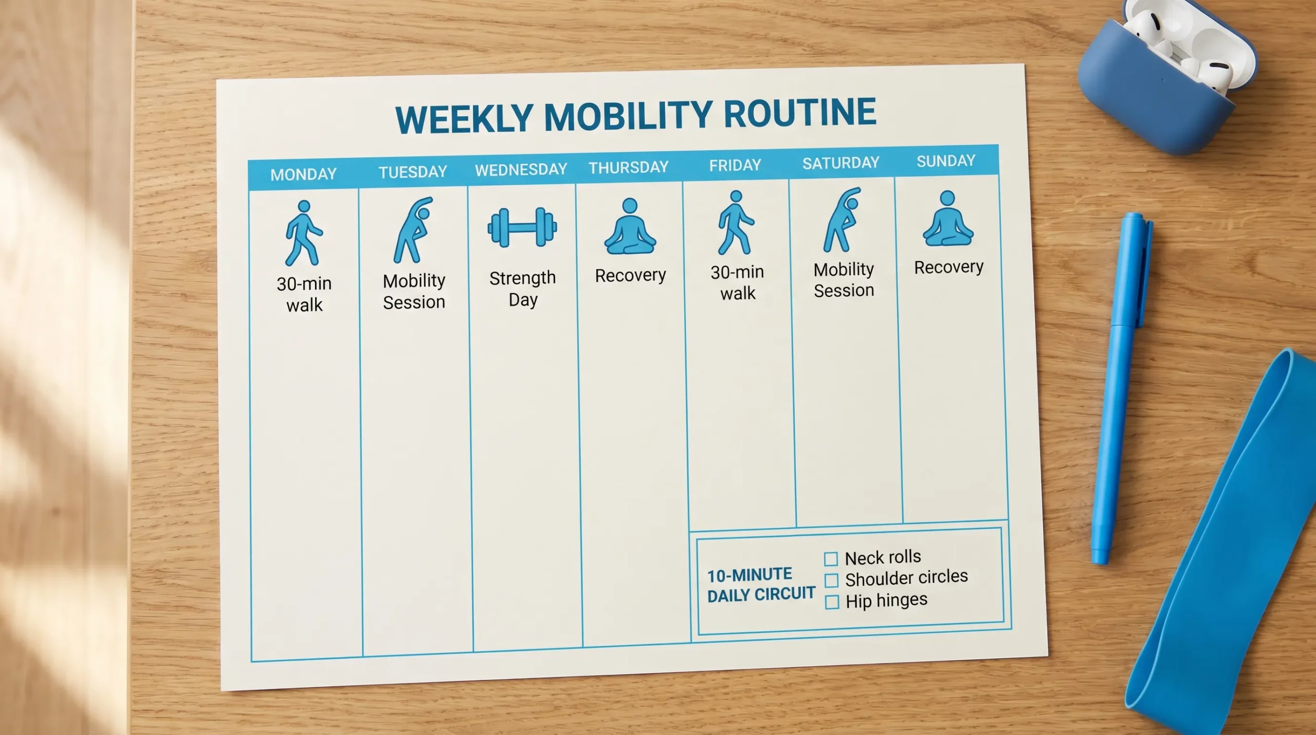 A simple weekly mobility routine layout on a calendar-style grid with icons for walking, mobility sessions, strength days, and recovery, plus a small “10-minute daily circuit” box.