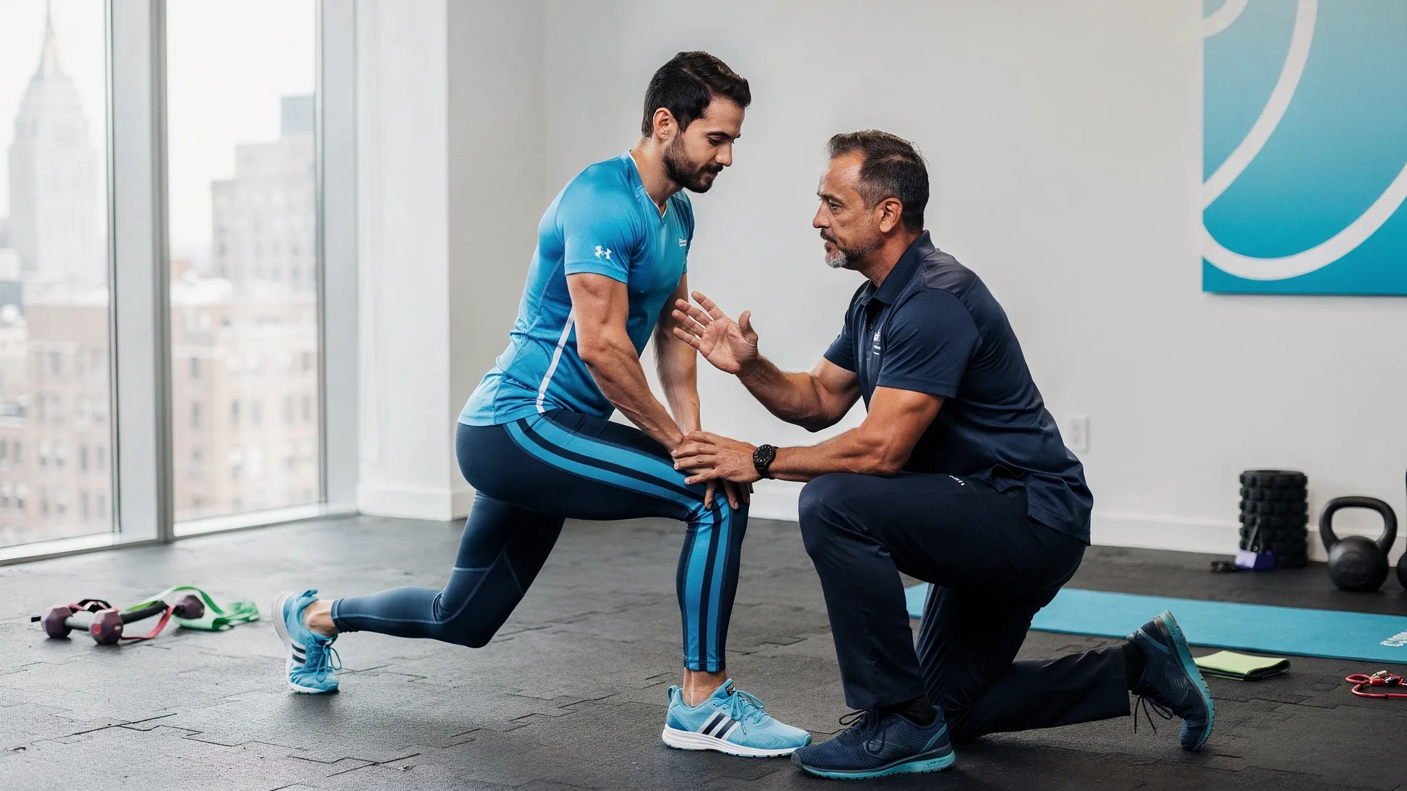 A sports chiropractor in a modern Manhattan clinic performing a movement screen on an athletic adult, assessing hip and ankle mobility with a skyline hint in the background and simple gym tools nearby.