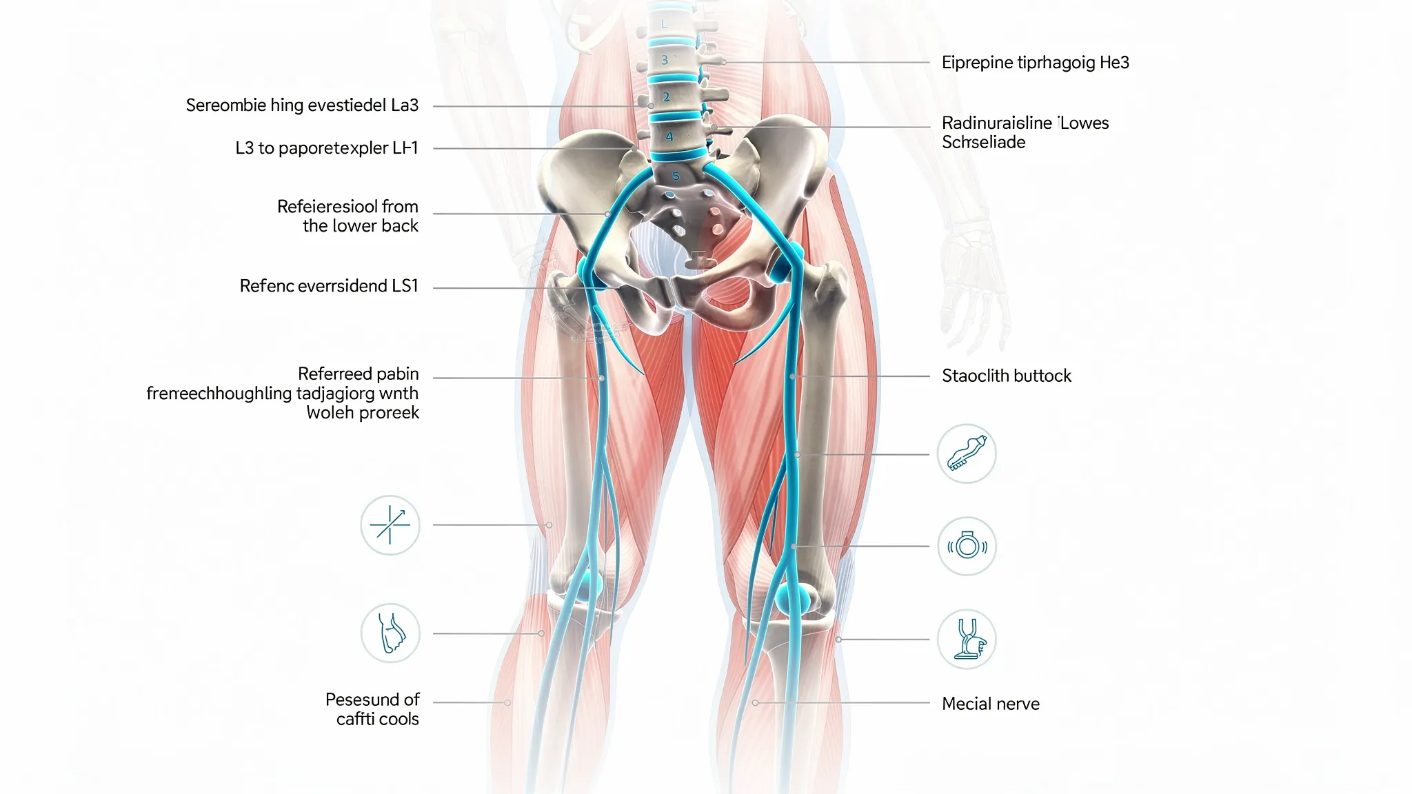 An anatomical illustration of the lower spine, pelvis, and sciatic nerve pathway, highlighting where nerve roots exit the lumbar spine and how pain can radiate down the leg into the foot.