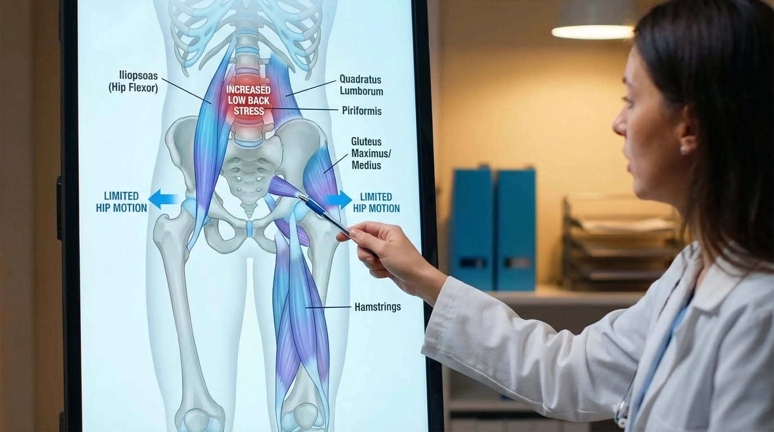 An anatomical illustration showing the pelvis, lumbar spine, and key hip muscles involved in tight hips and low back pain, including iliopsoas (hip flexor), gluteus maximus/medius, piriformis, quadratus lumborum, and hamstrings, with arrows indicating how limited hip motion can increase stress on the low back.