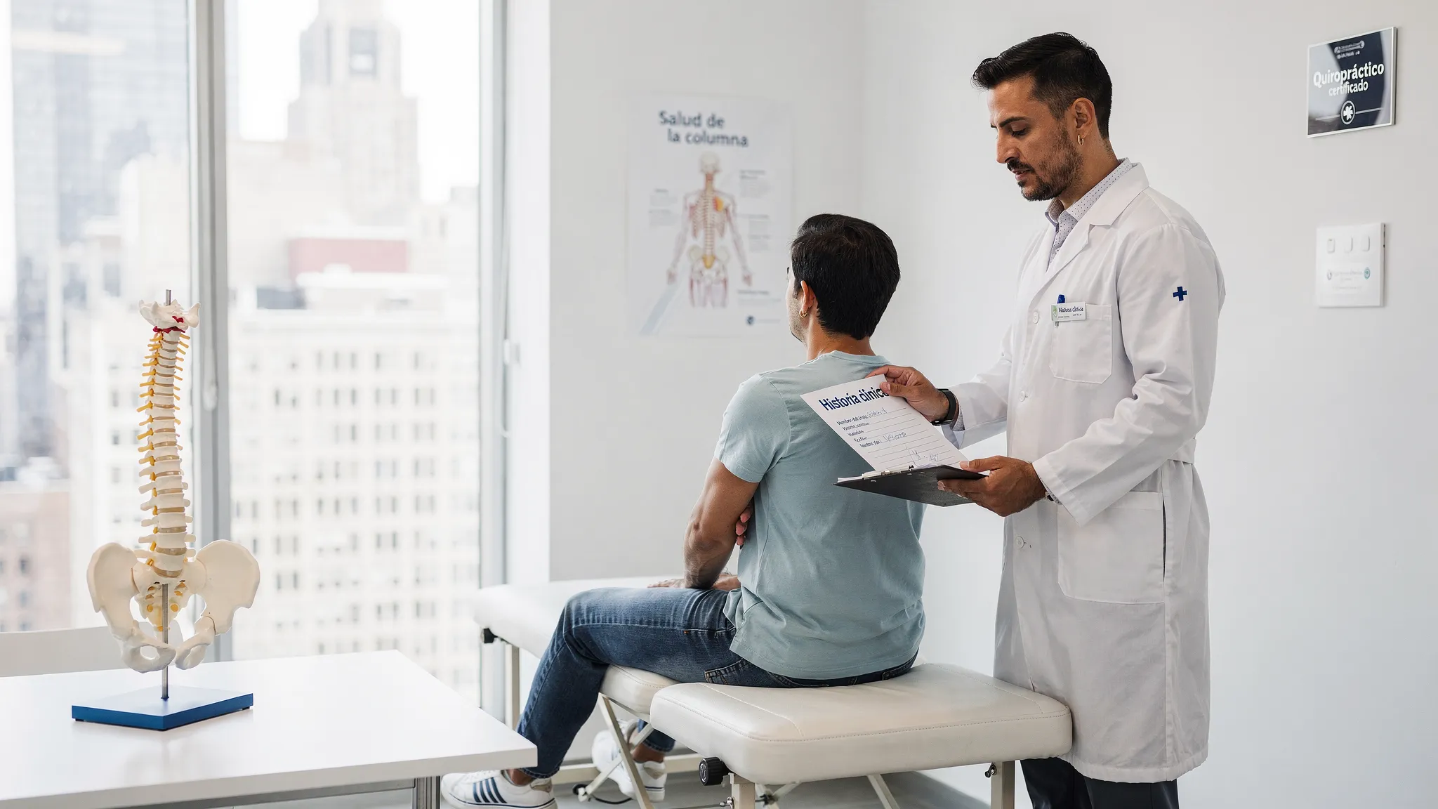 Un quiropráctico en consulta en Manhattan revisa historia clínica y postura de un paciente en una sala de evaluación, con un modelo anatómico de columna sobre una mesa.