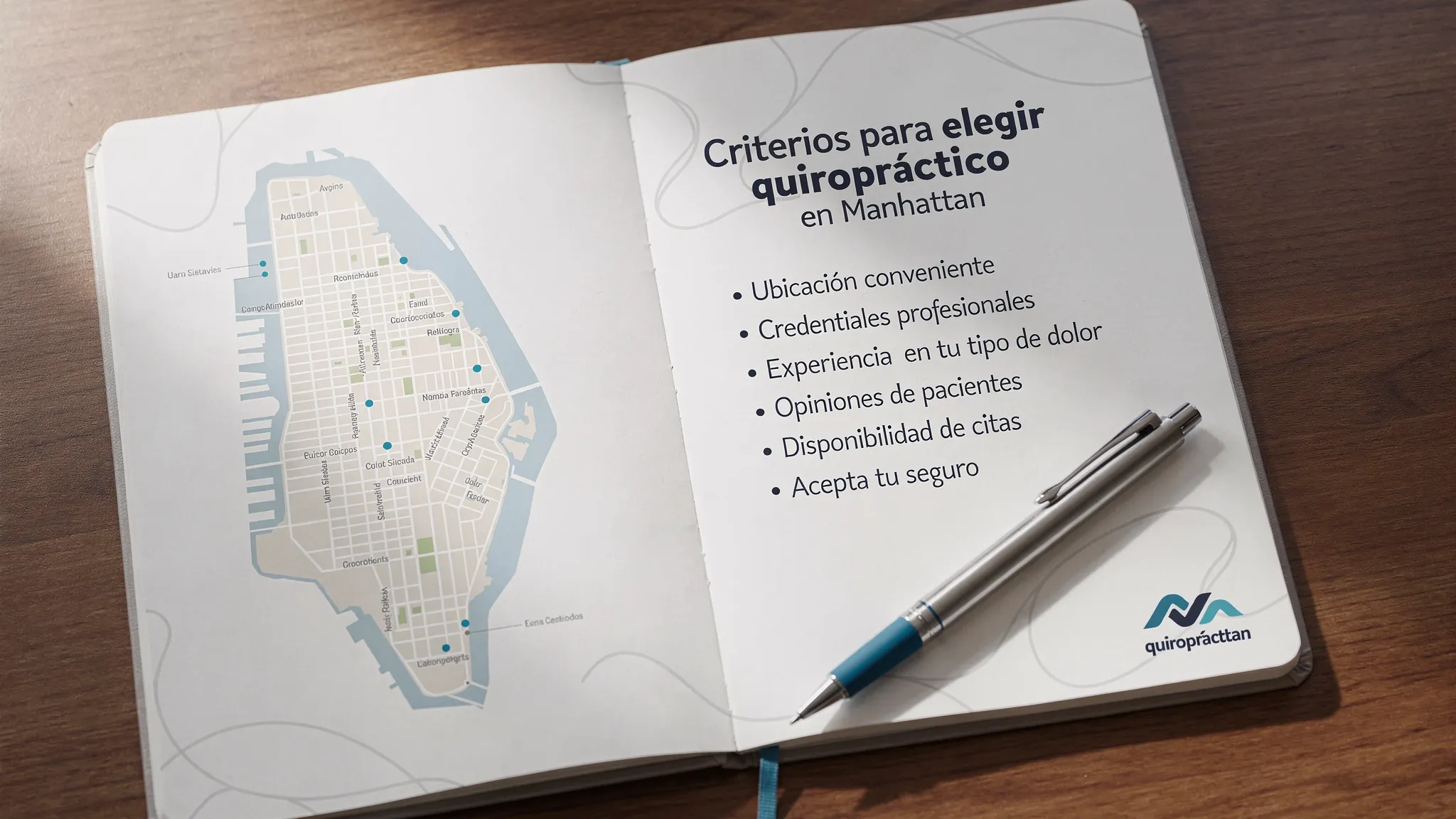 Una lista de verificación en una libreta con criterios para elegir quiropráctico en Manhattan, junto a un mapa estilizado de la isla y un bolígrafo.