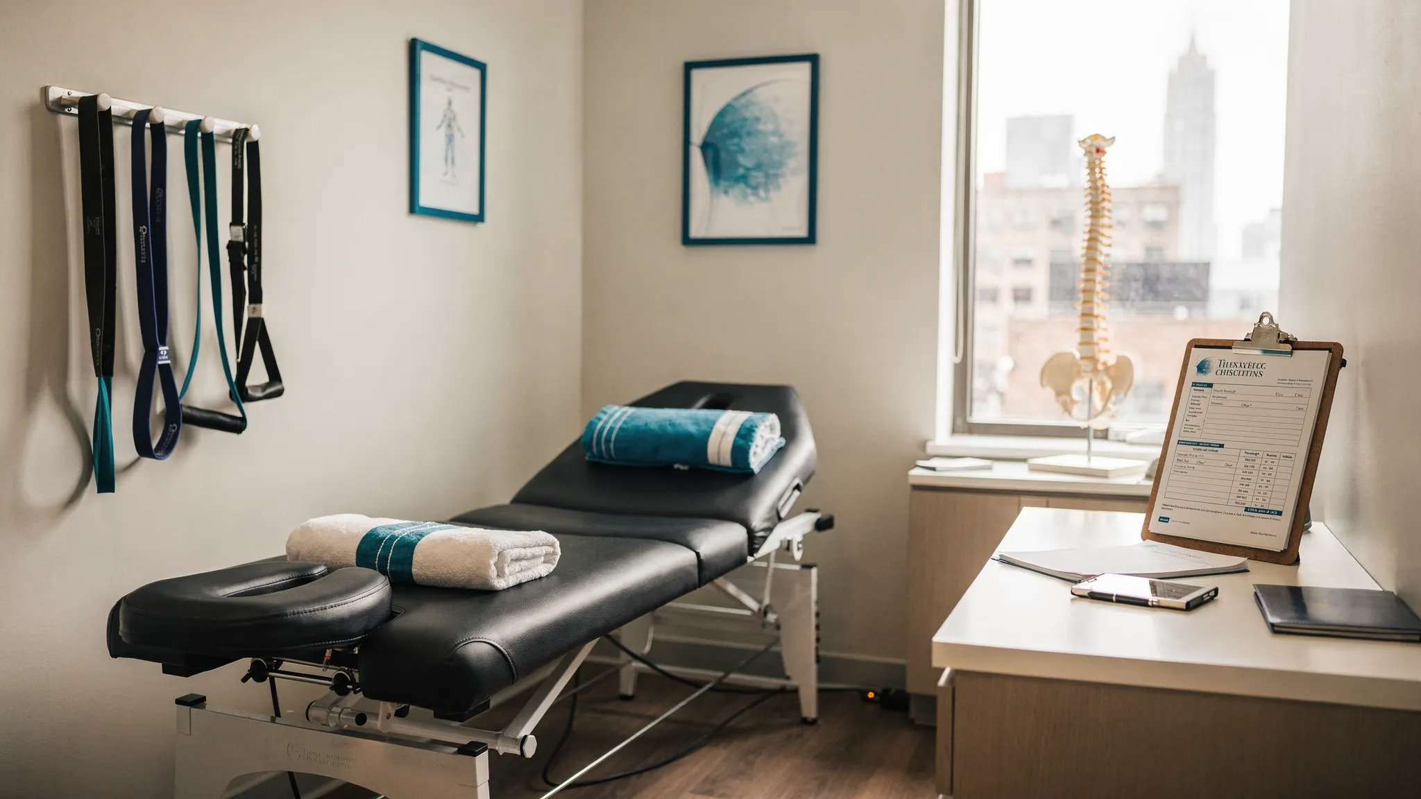 A calm Manhattan chiropractic treatment room prepared for a weekend appointment, with an adjustment table, exercise bands, anatomical spine model, and patient intake forms on a nearby counter.