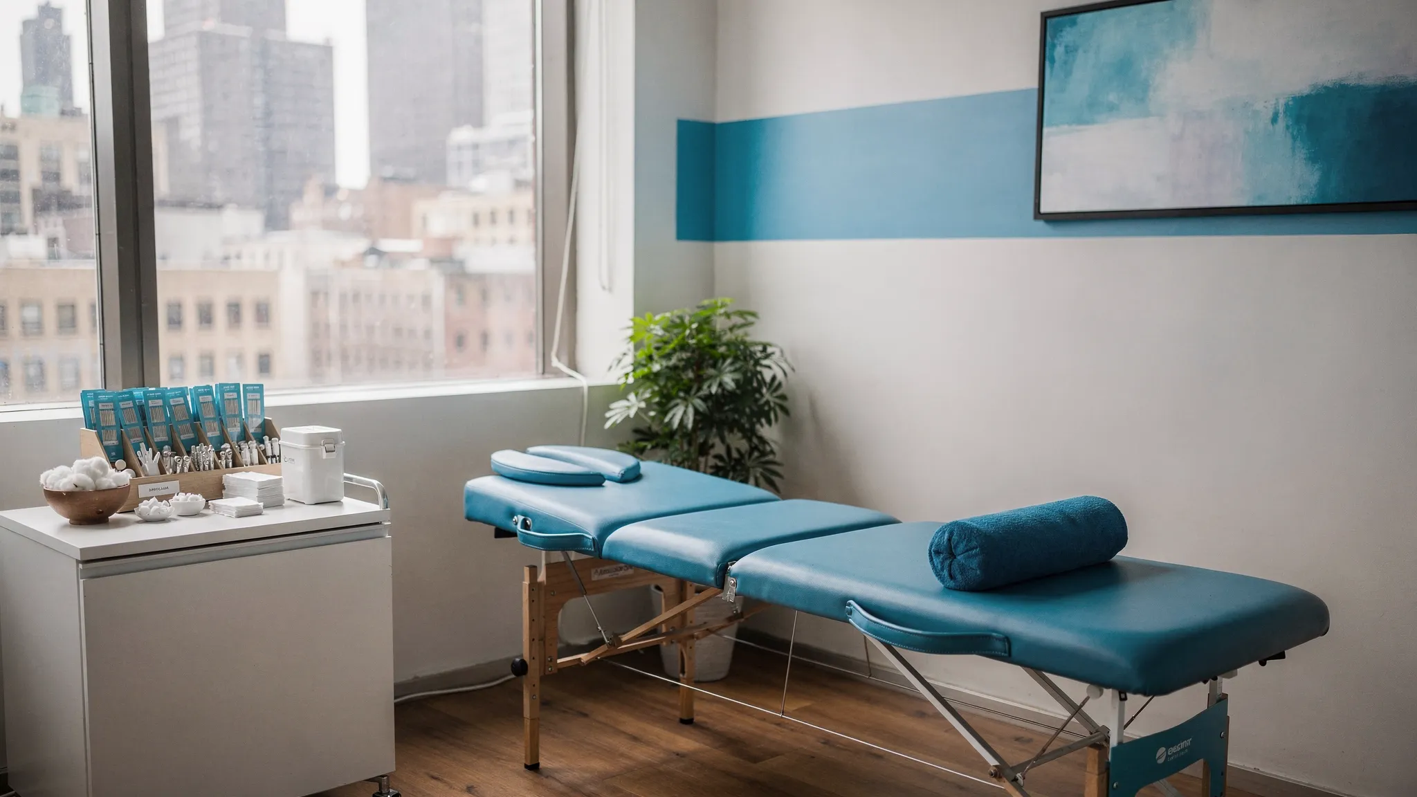 A calm treatment room in a Manhattan pain relief clinic with a chiropractic table, acupuncture supplies, and soft natural light, suggesting an integrated approach to musculoskeletal care.