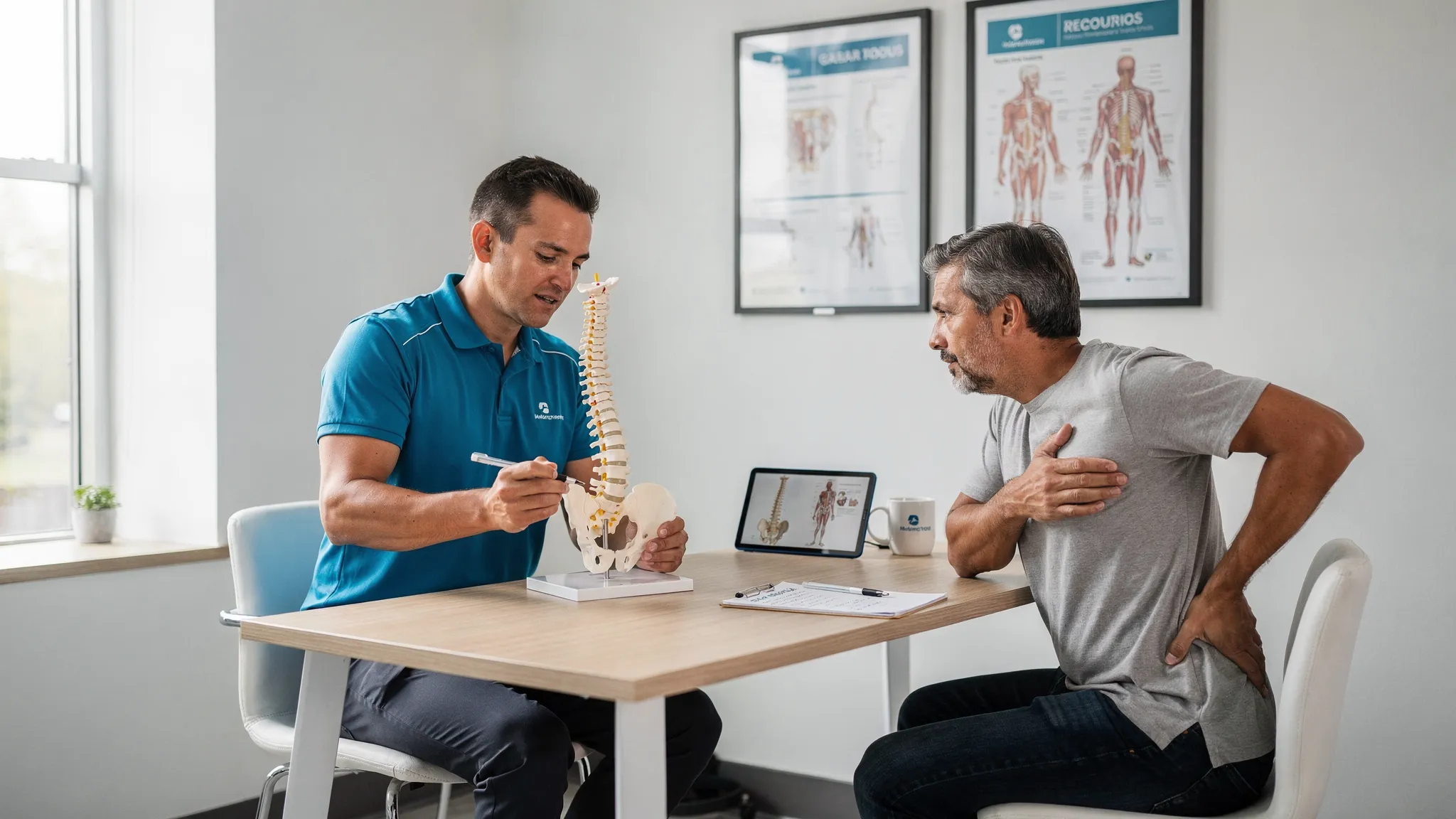 A chiropractic consultation room where a clinician reviews a spine model with a patient while discussing back pain, posture, and treatment options.