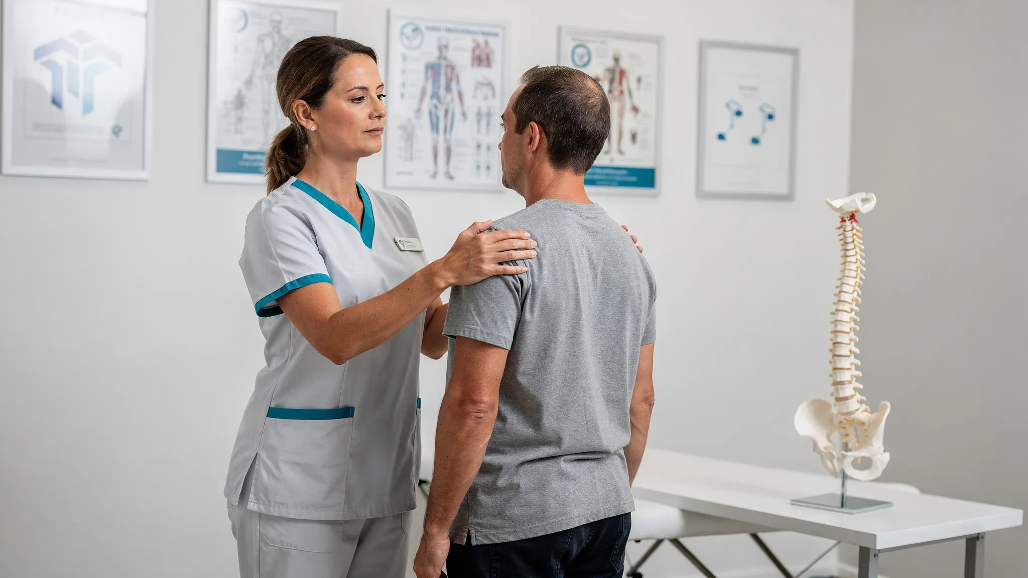 A chiropractor evaluates a patient's posture and shoulder position in a clean clinical room while a spine model sits nearby on a table.