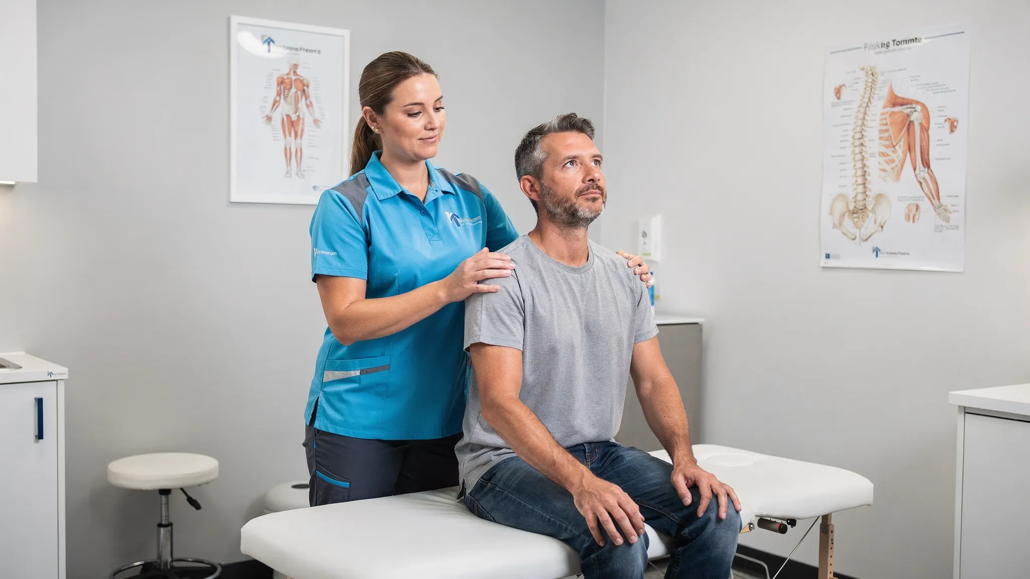 A chiropractor evaluates a patient’s shoulder and neck mobility in a clean clinical treatment room, with the patient seated upright and the provider checking range of motion and posture.
