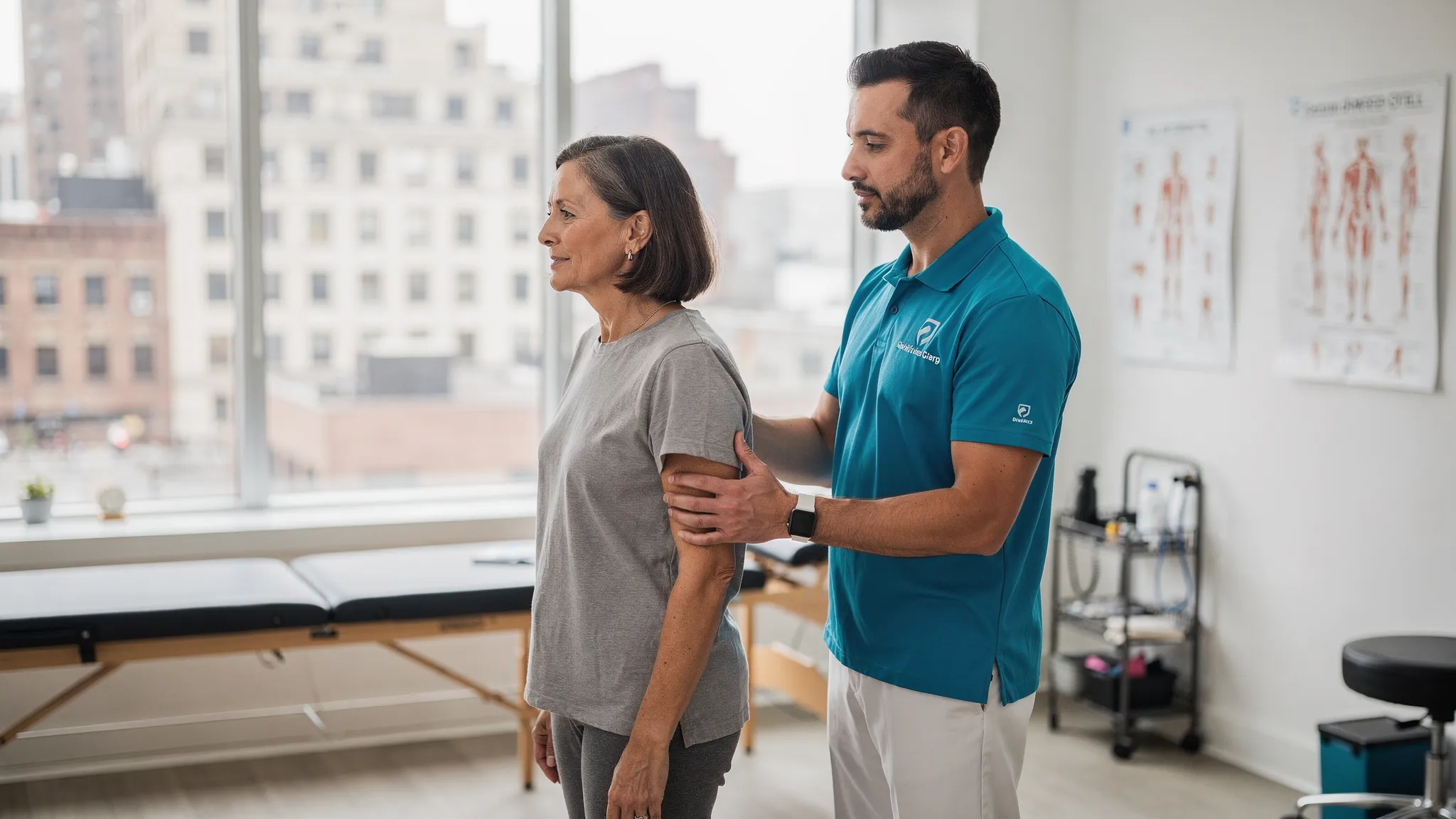 A chiropractor guiding a patient through a gentle posture and mobility assessment in a clean Manhattan clinic treatment room.