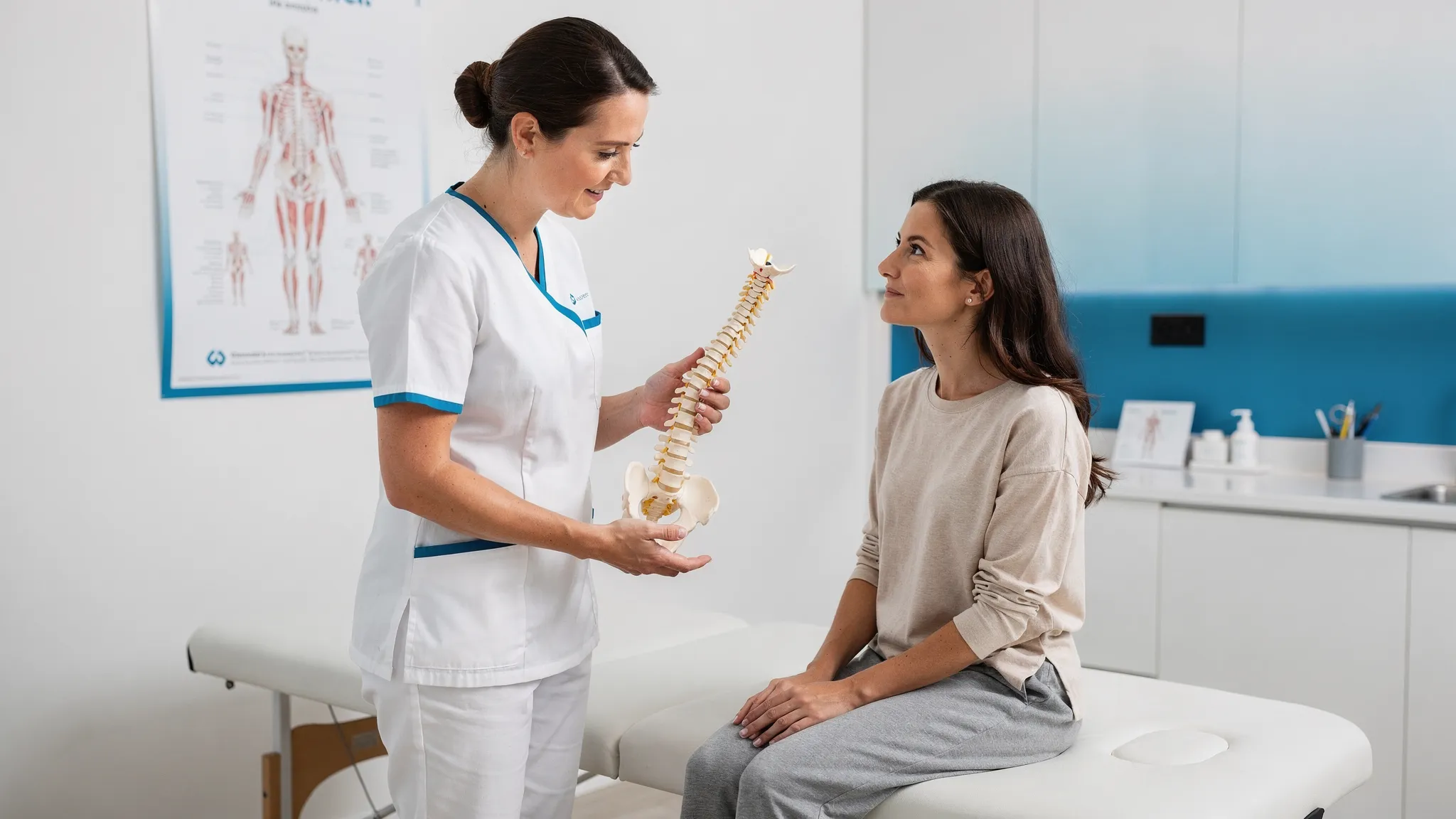What to Expect From Your First Chiropractic Adjustment 1 A chiropractor in a treatment room explains a spine model to a seated patient while discussing a personalized care plan.