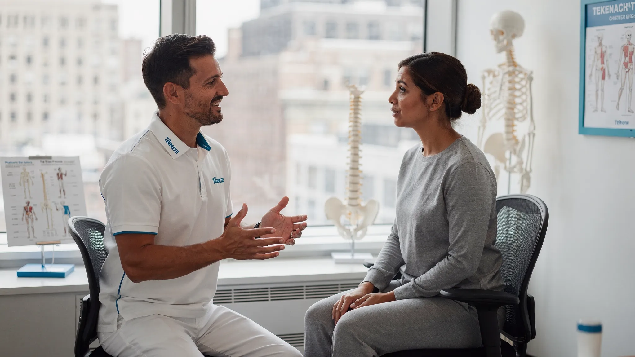 Best Rated Chiropractor in NYC? Ask These Questions 1 A chiropractor speaking with a patient during a consultation in a bright Manhattan treatment room, with posture and spine models nearby and no screens visible.