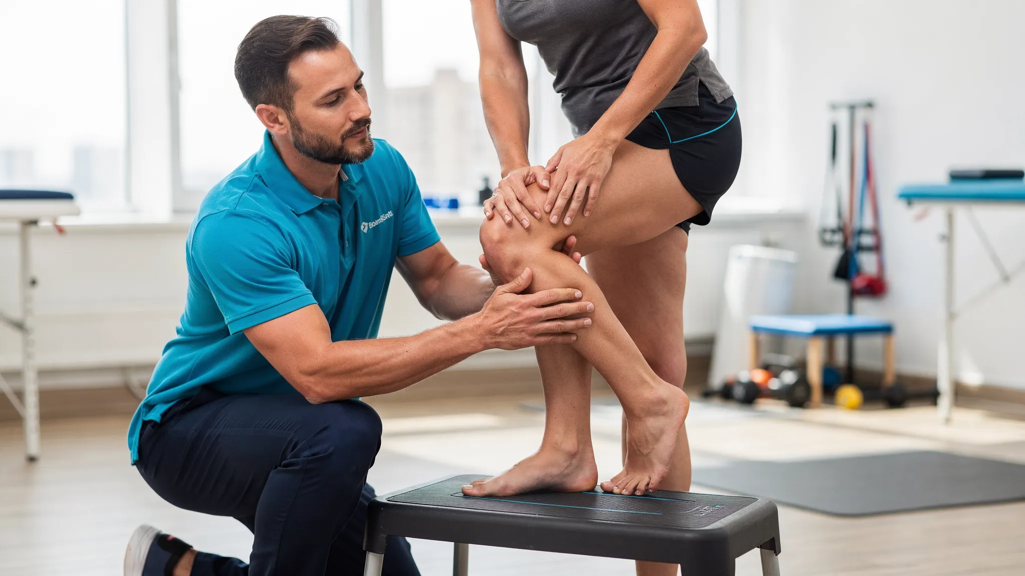 Can a Chiropractor Help With Knee Pain? 1 A clinician evaluates a patient's knee movement and alignment while the patient performs a controlled step-down exercise in a bright rehabilitation clinic.