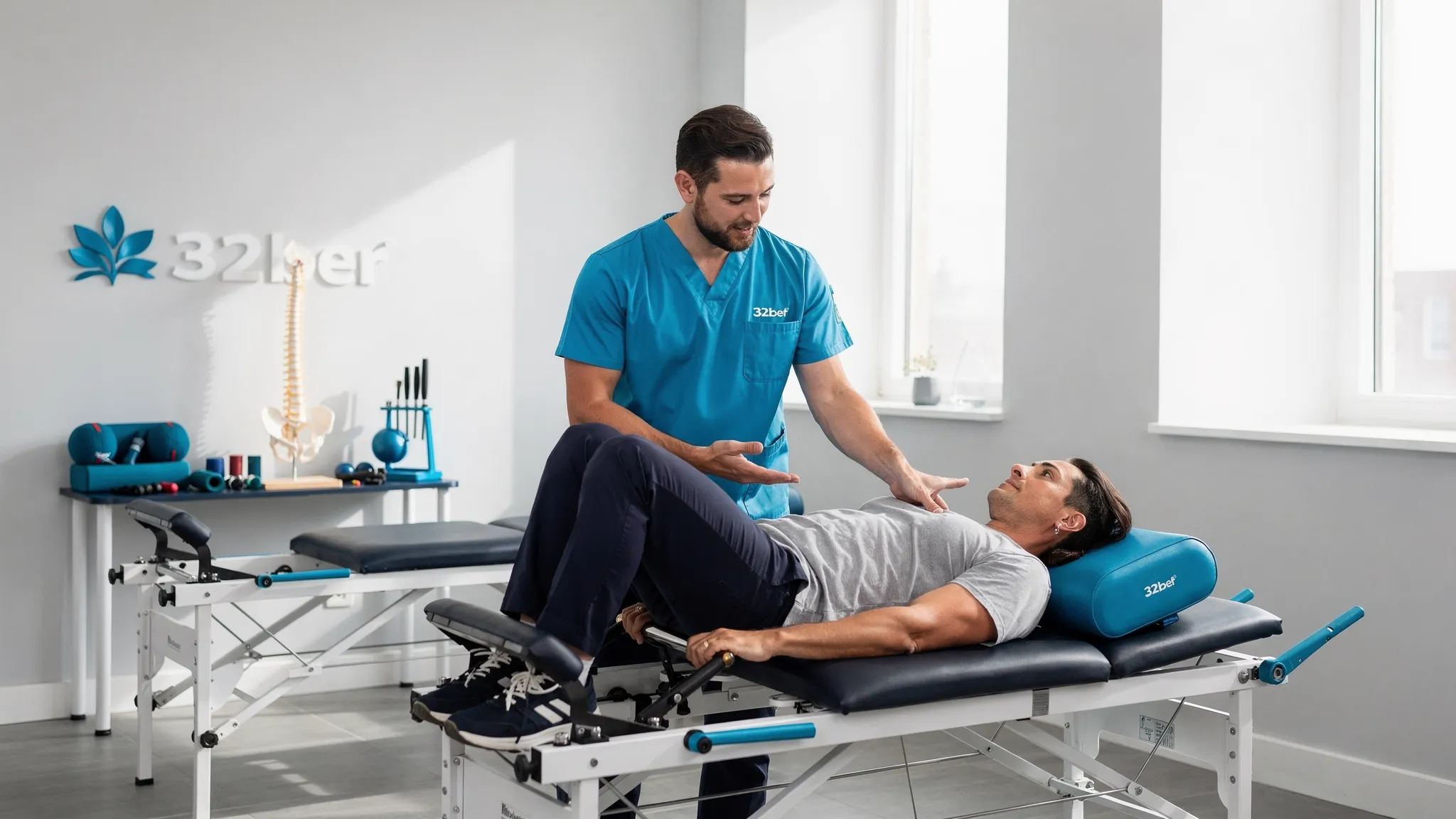 A clinician guides a patient through a controlled rehabilitation exercise while another treatment table in the room represents integrated chiropractic and physical therapy care for pain relief and mobility.